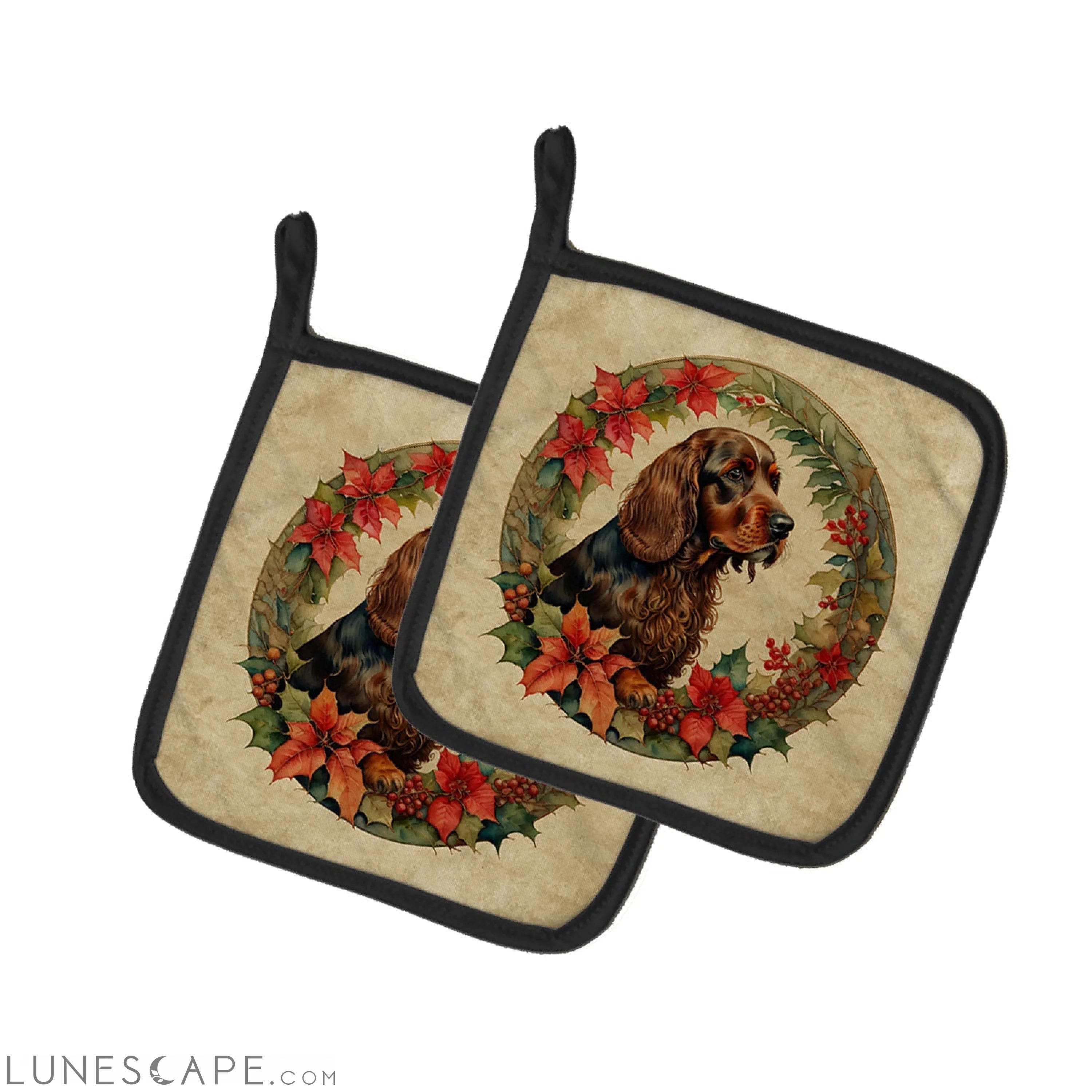 Field Spaniel Christmas Flowers Pair of Pot Holders LUNESCAPE