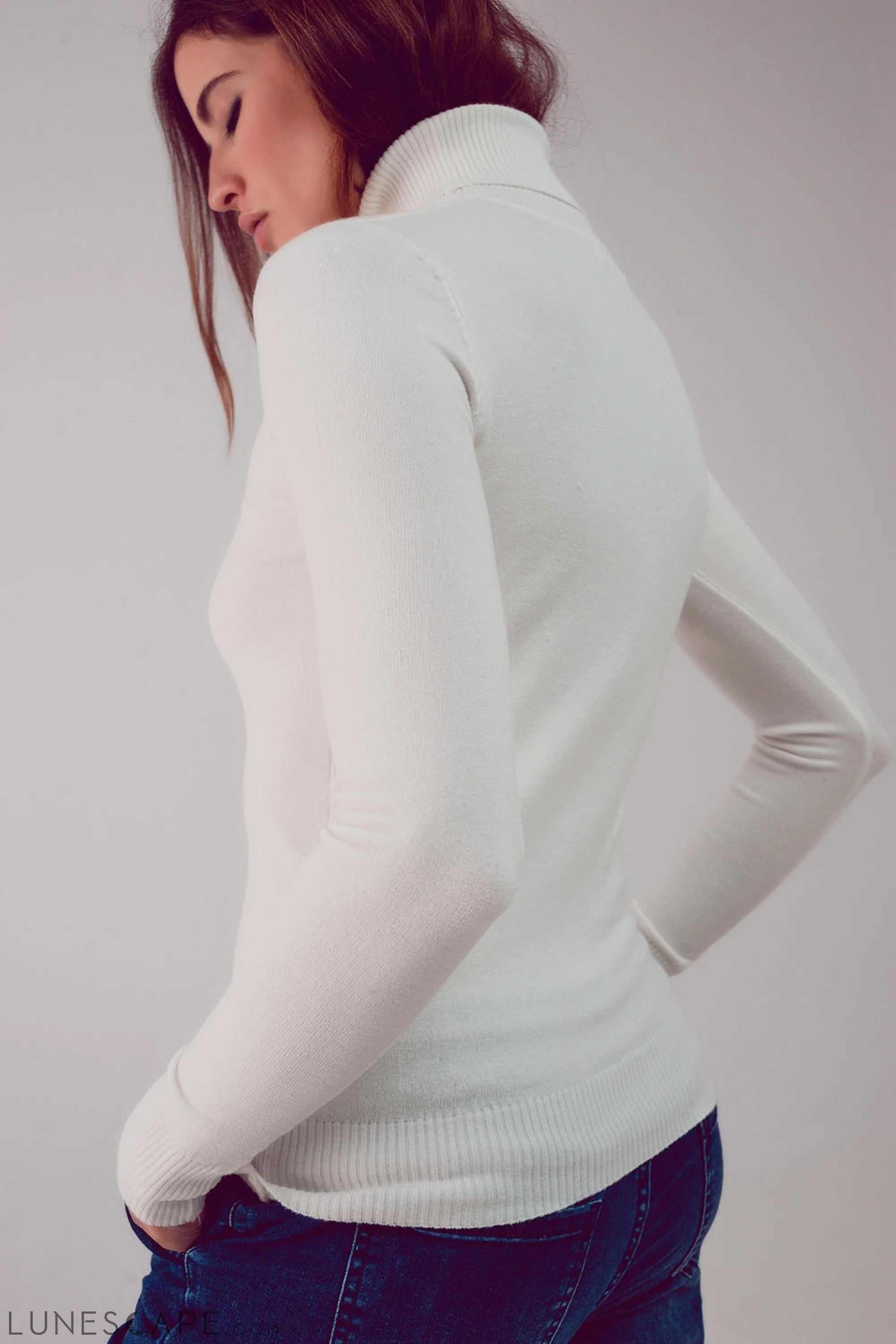 Fine Knit High Neck Jumper in Cream LUNESCAPE