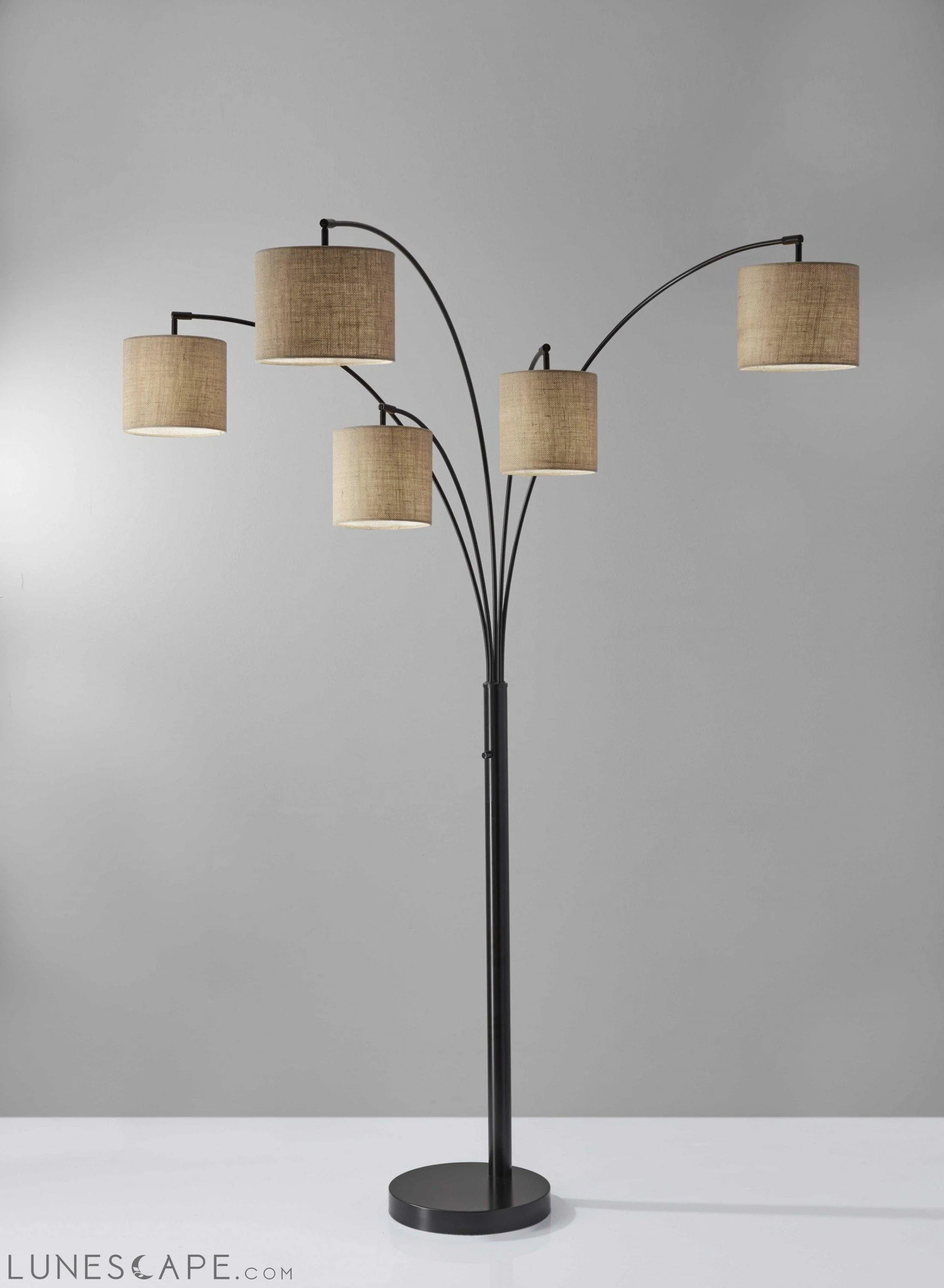 Five Light Floor Lamp Brushed Steel Arc Arms and Petite White Drum LUNESCAPE