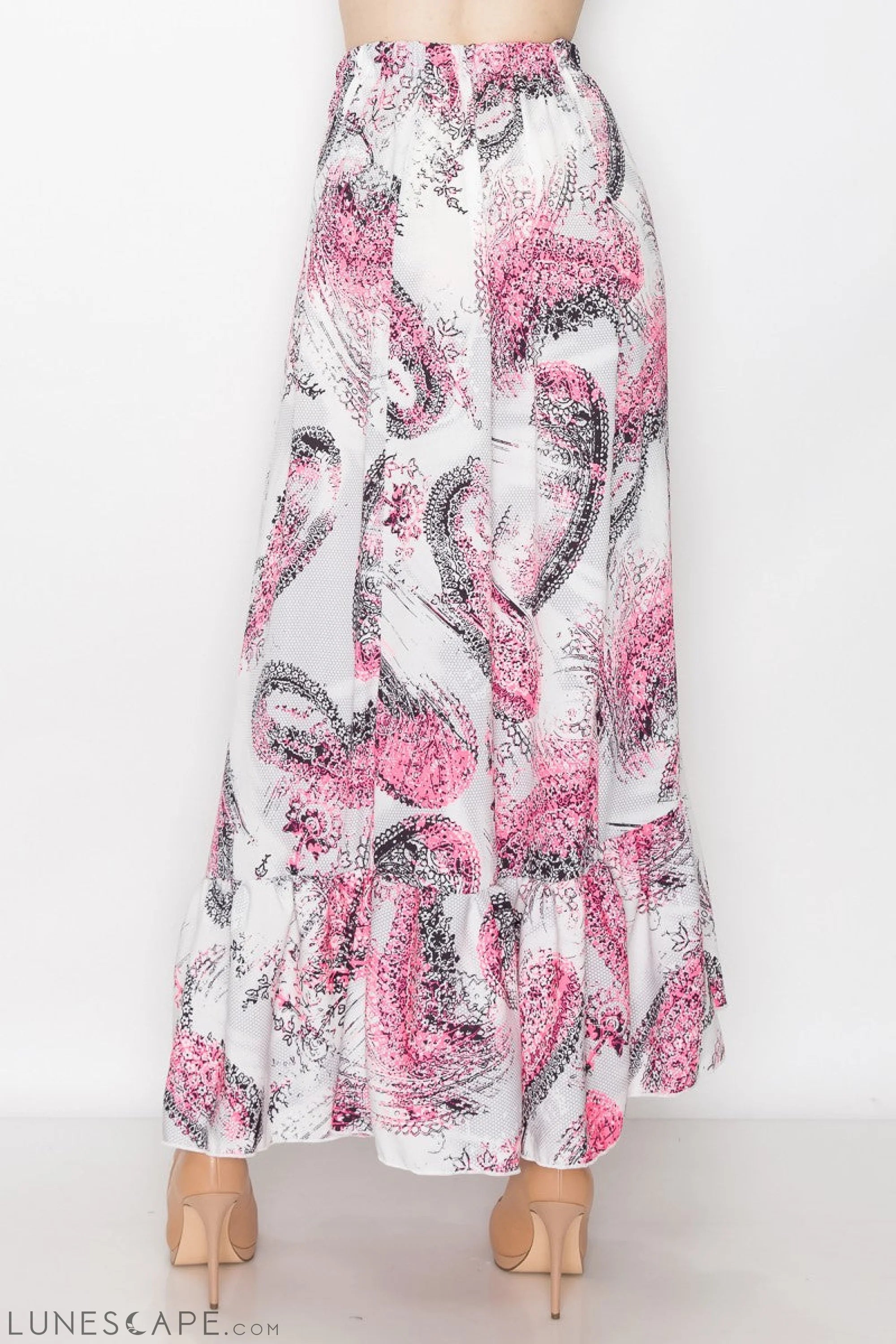 Flared Bottom Paisley Print Long Skirt - Pink LUNESCAPE