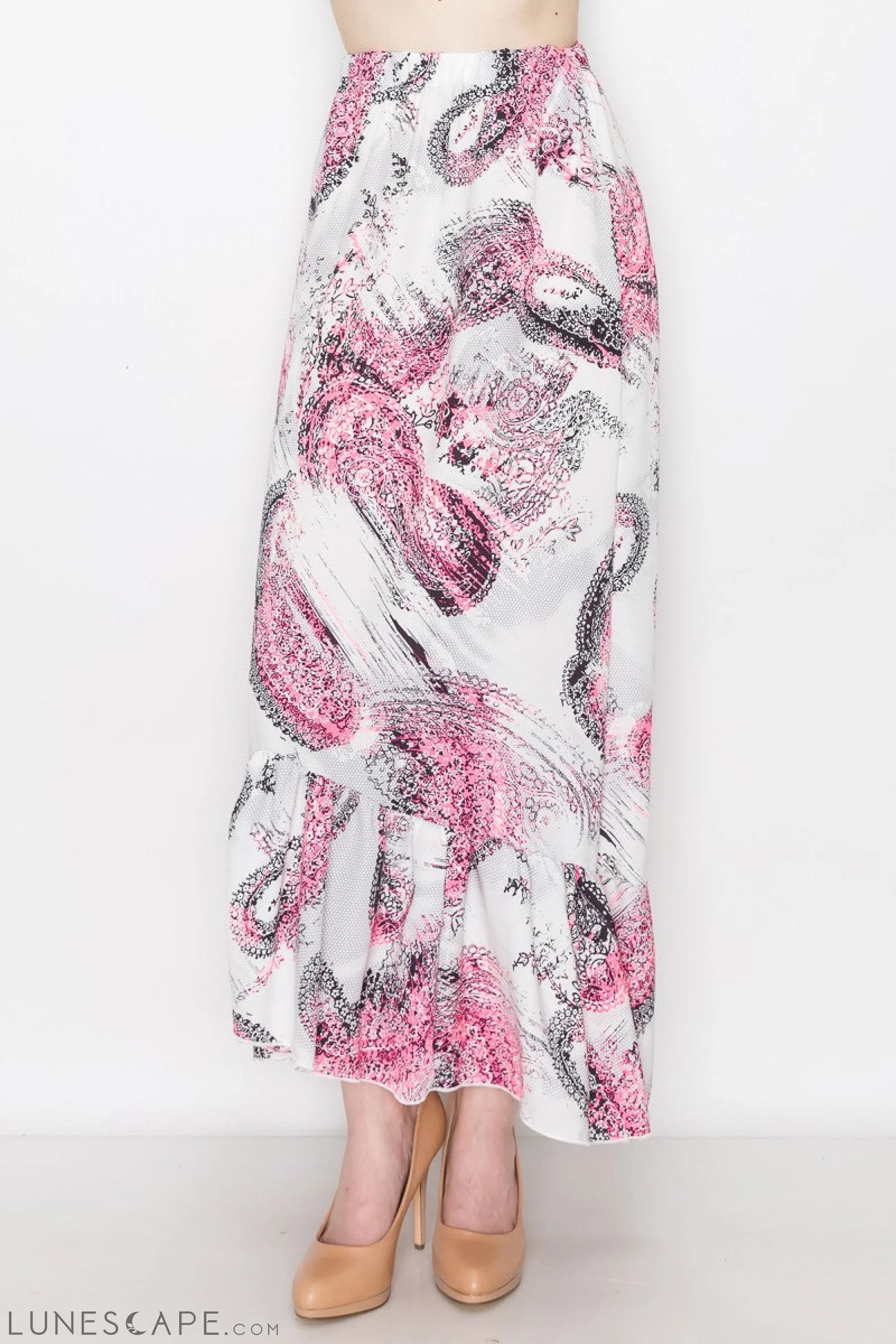 Flared Bottom Paisley Print Long Skirt - Pink LUNESCAPE