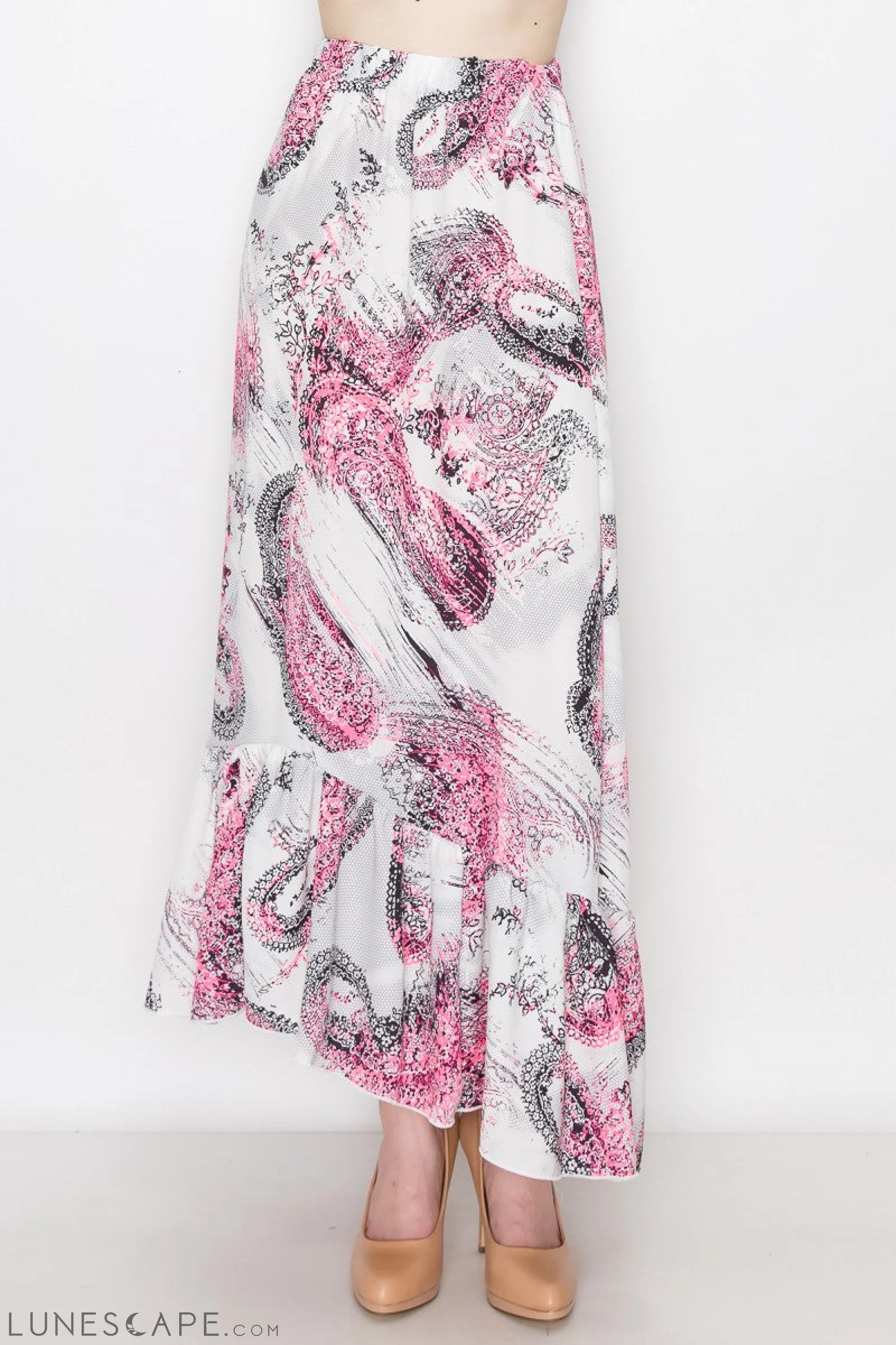 Flared Bottom Paisley Print Long Skirt - Pink LUNESCAPE