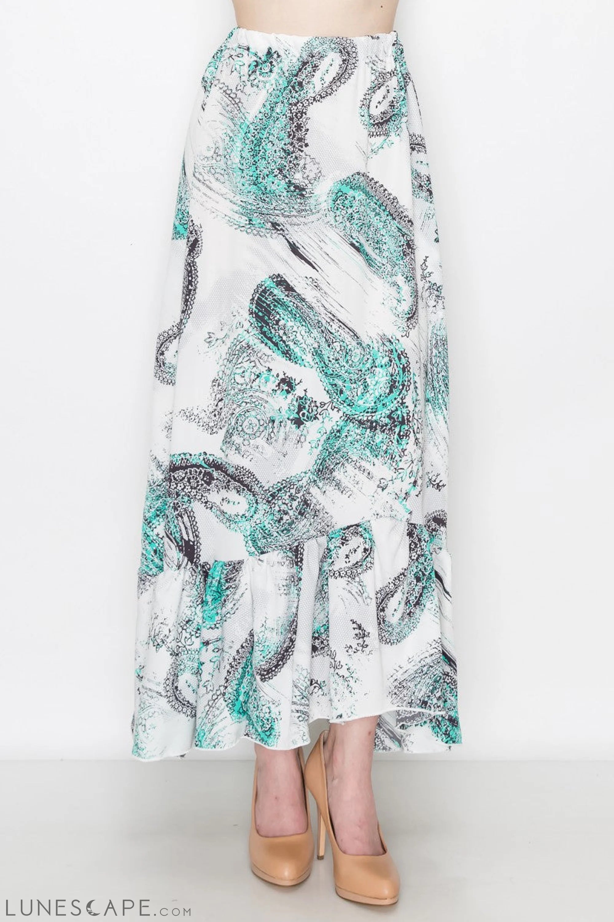 Flared Bottom Paisley Print Long Skirt - White LUNESCAPE