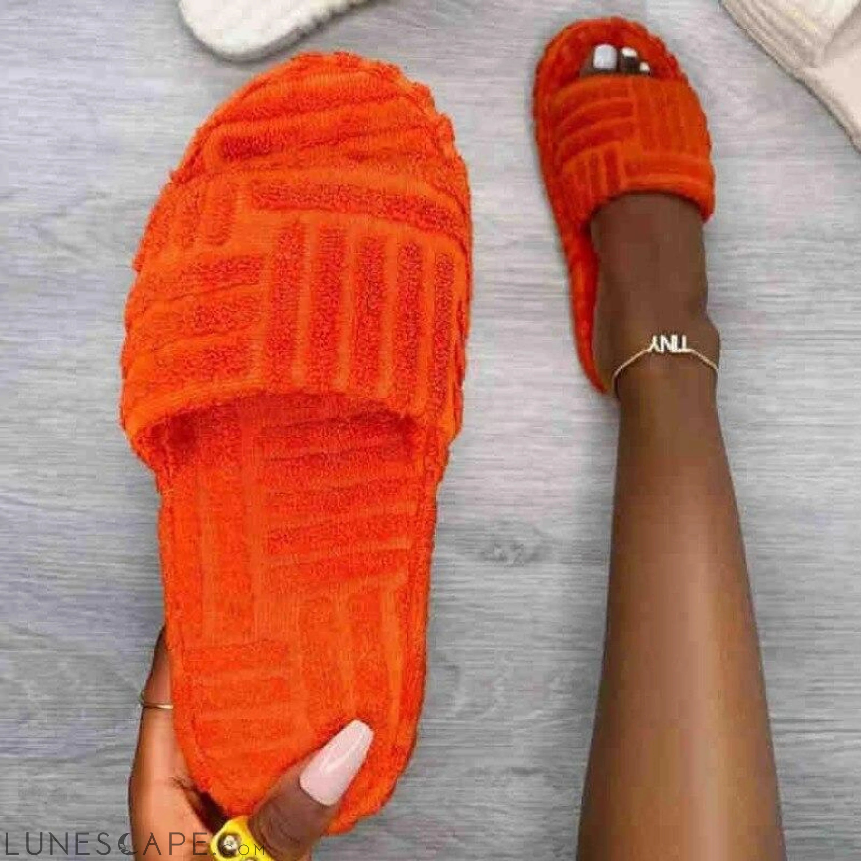 Flat Furry Women Slides Thick Sole Open Toe Terrycloth Slippers Orange LUNESCAPE