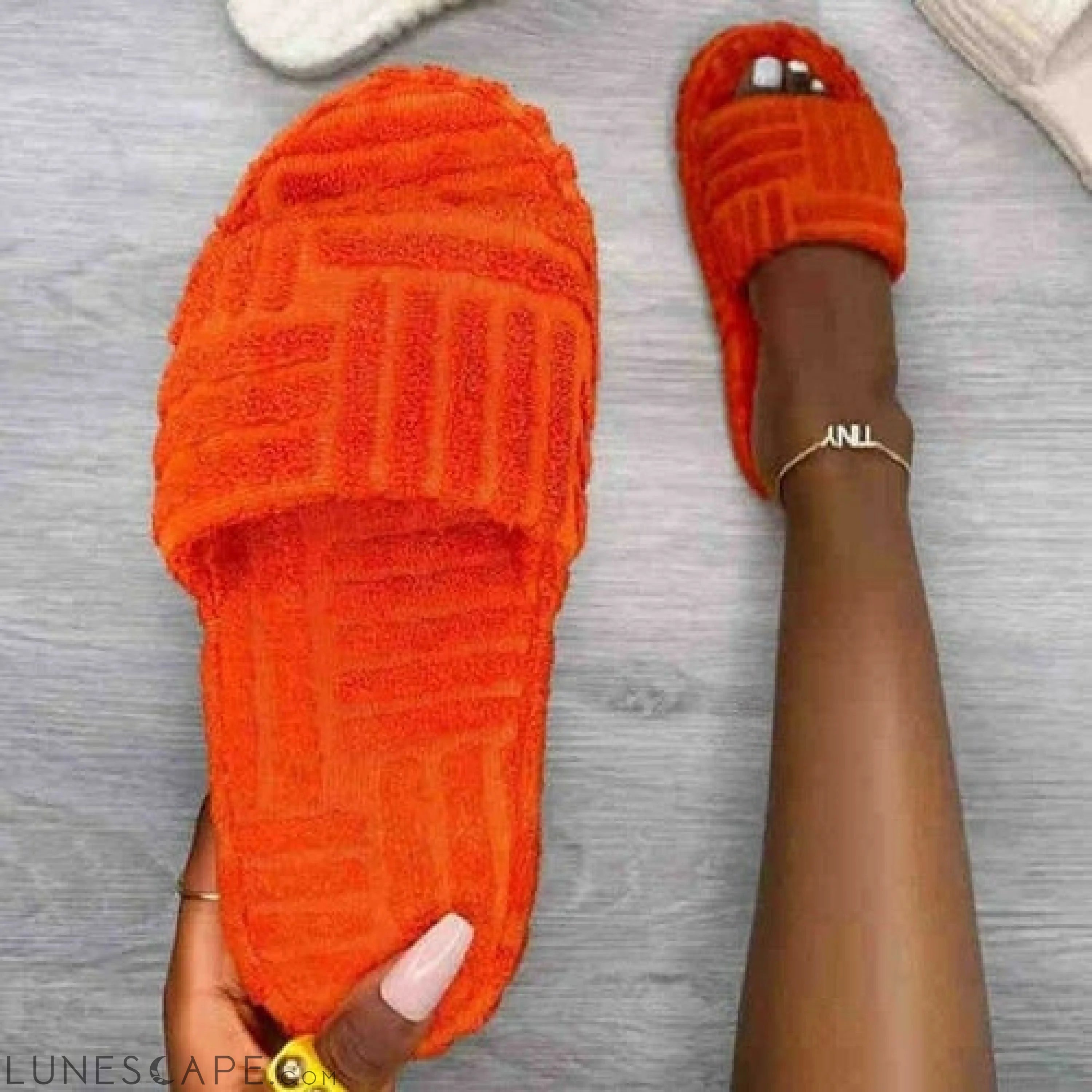 Flat Furry Women Slides Thick Sole Open Toe Terrycloth Slippers Orange LUNESCAPE