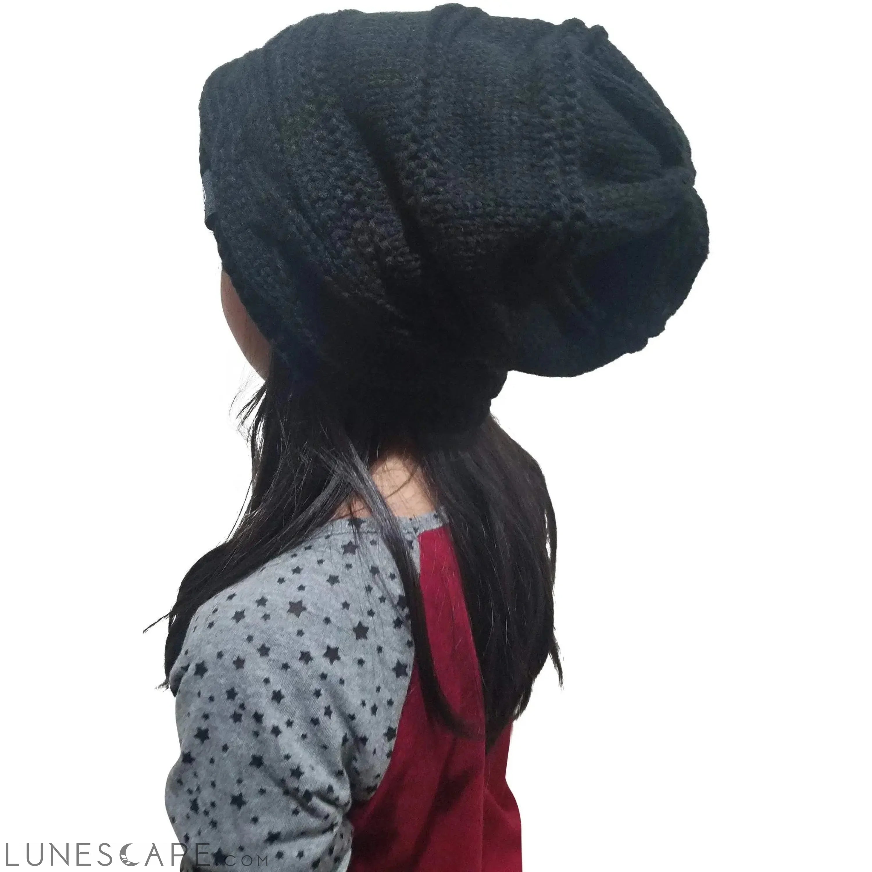 Fleece Lined Knit Slouch Hat - Black LUNESCAPE