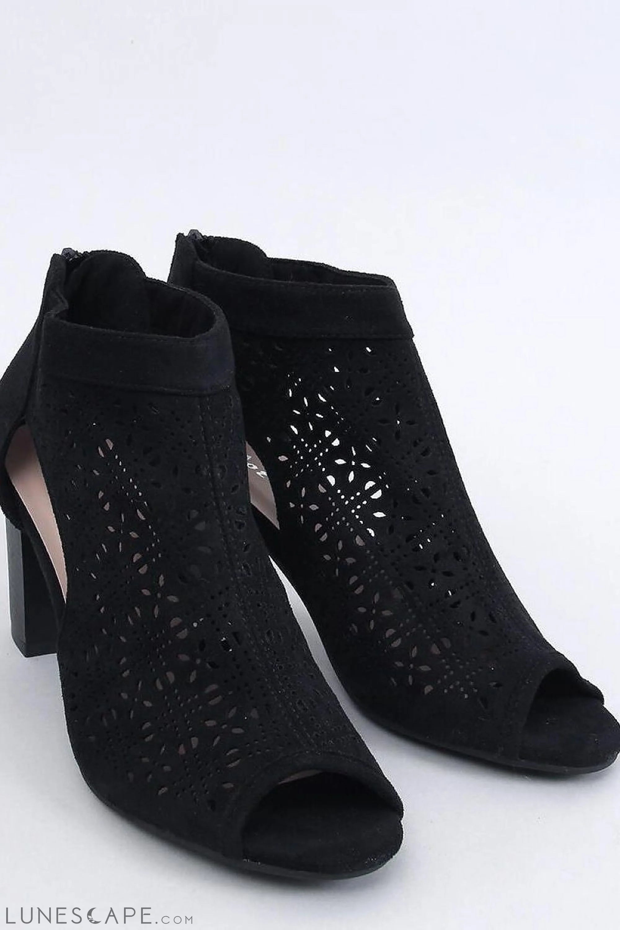 Floral Cutwork Black Suede Ankle Booties with Open Toe LUNESCAPE
