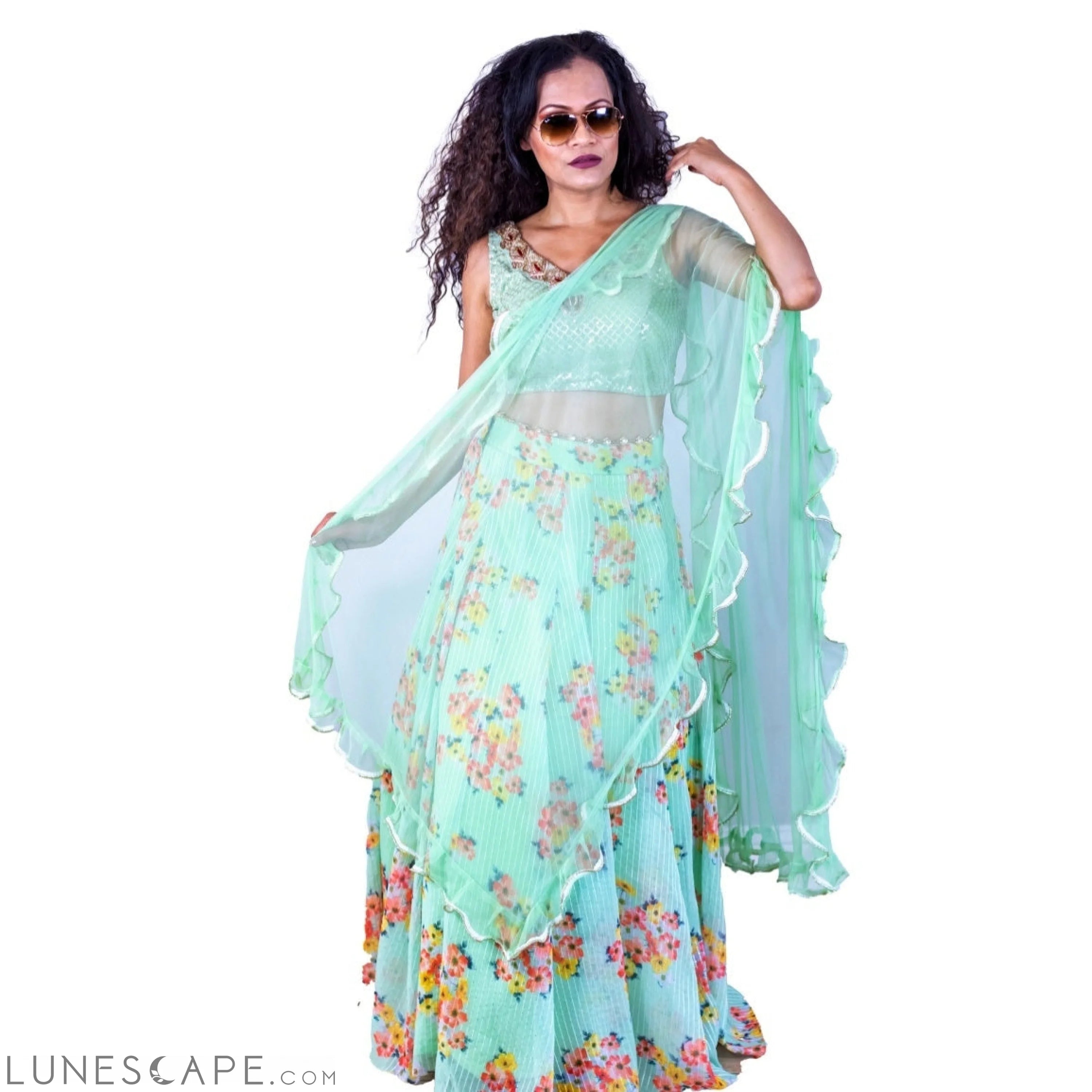 Floral Design Lehenga Set - Green LUNESCAPE