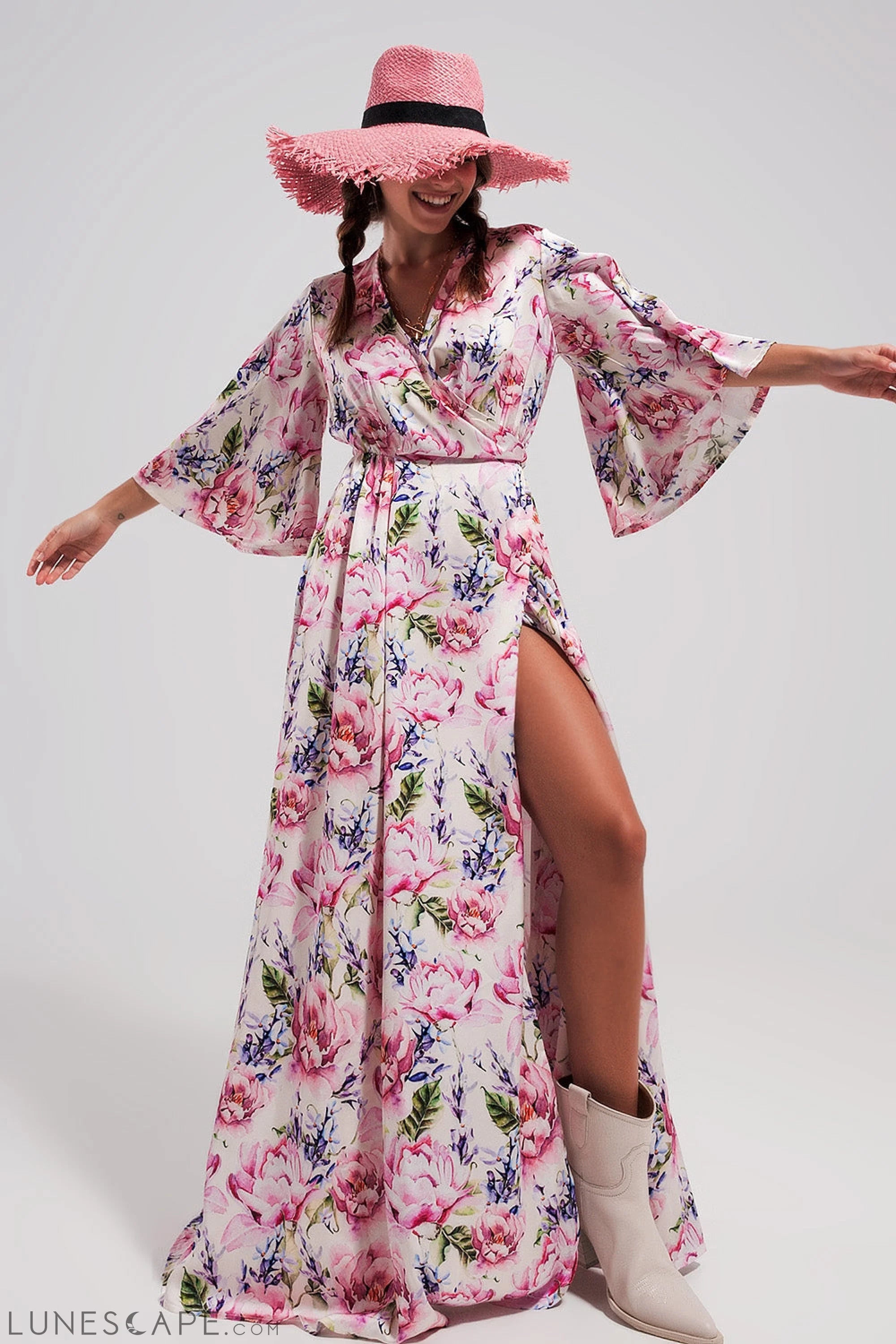 Flutter Sleeve Maxi Dress in Pink Floral Print LUNESCAPE