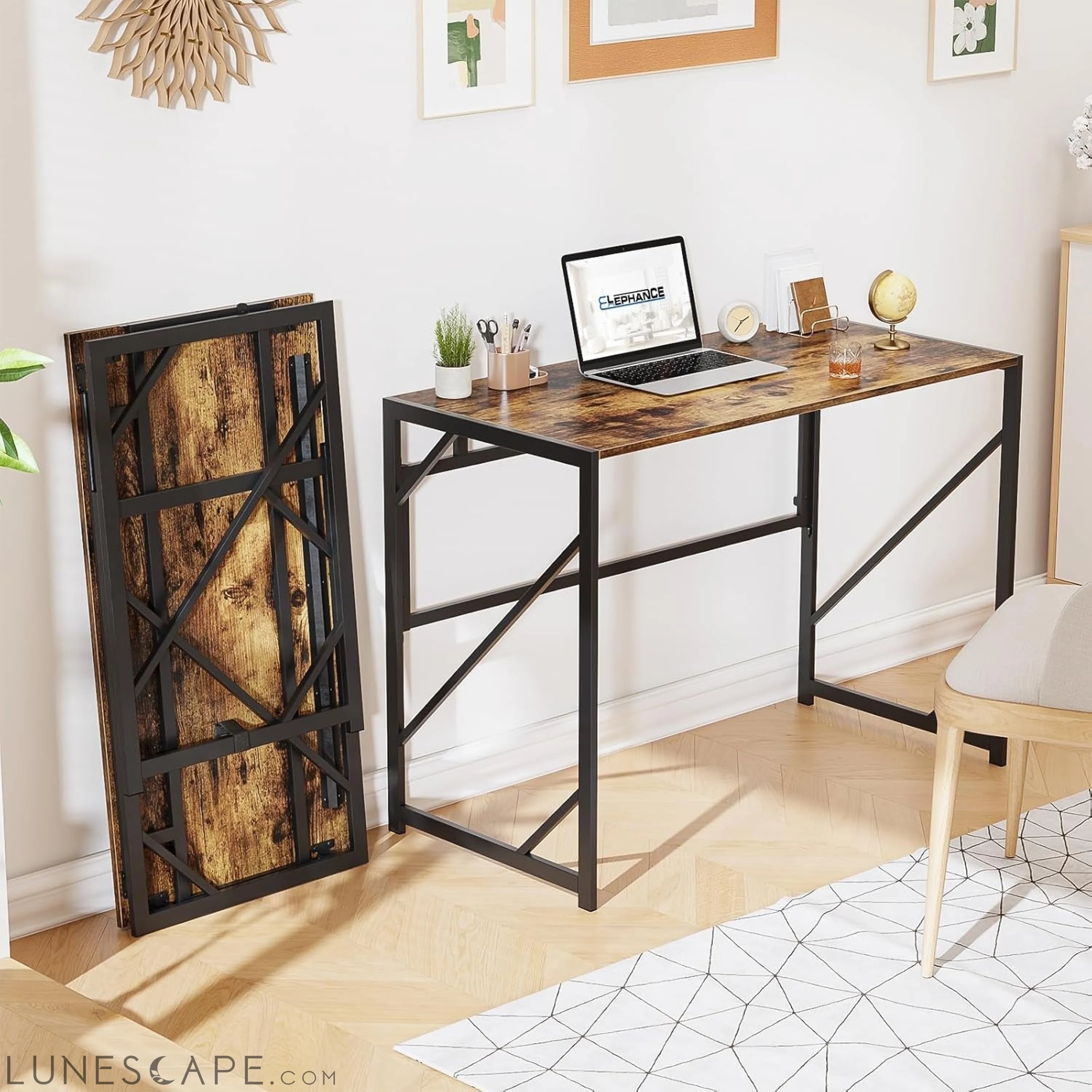 Folding Desk Writing Computer Desk for Home Office, No-Assembly Study LUNESCAPE