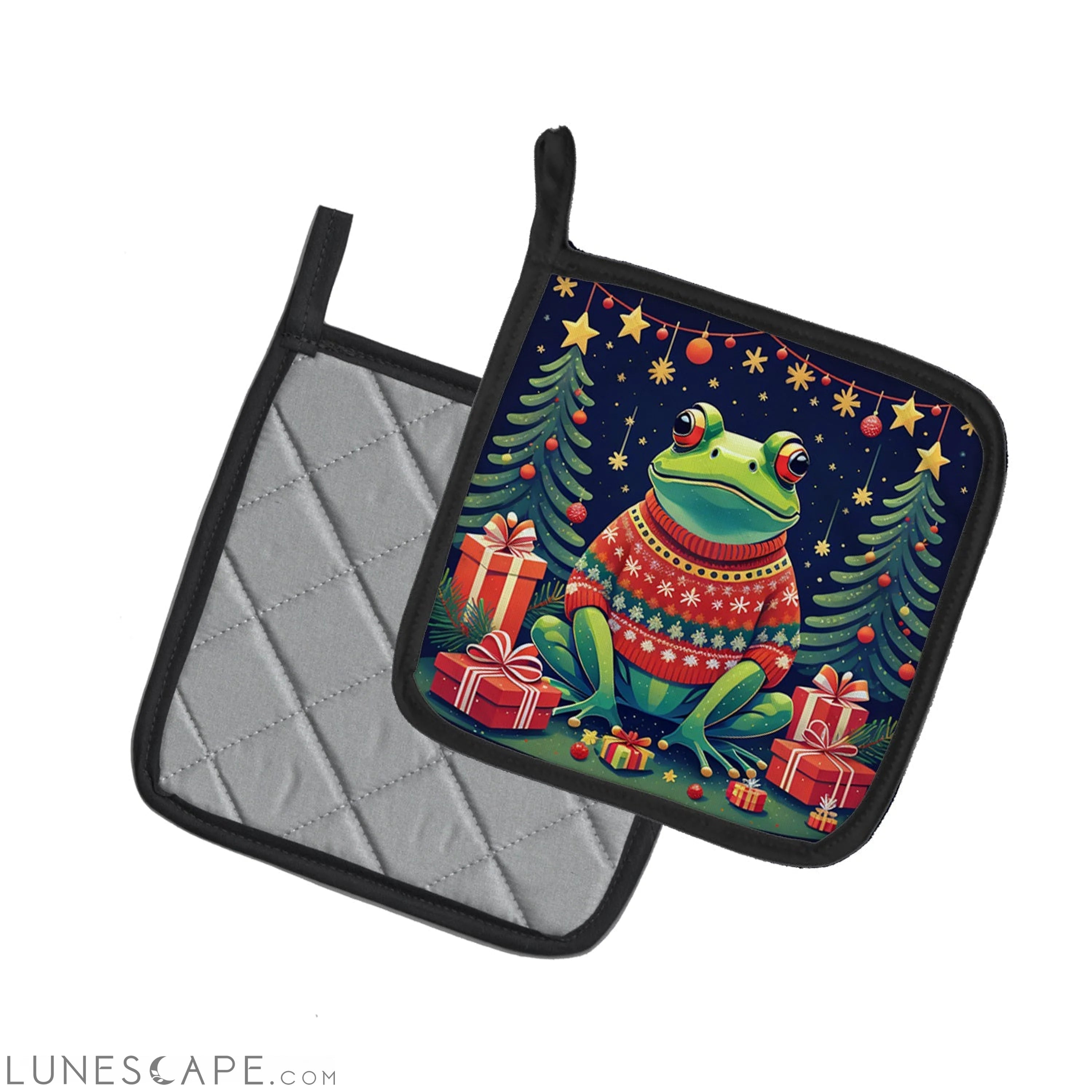 Frog Christmas Pair of Pot Holders LUNESCAPE