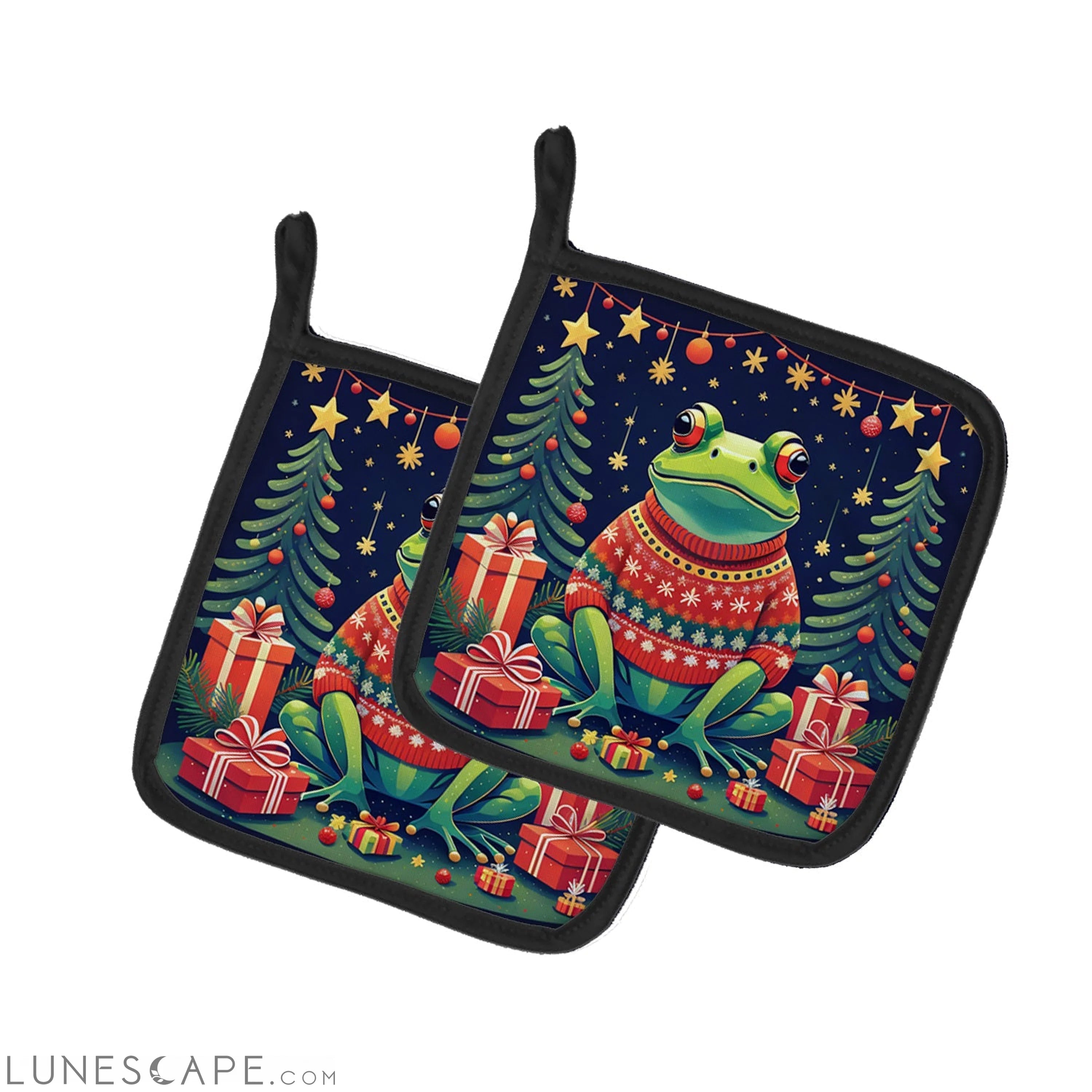 Frog Christmas Pair of Pot Holders LUNESCAPE