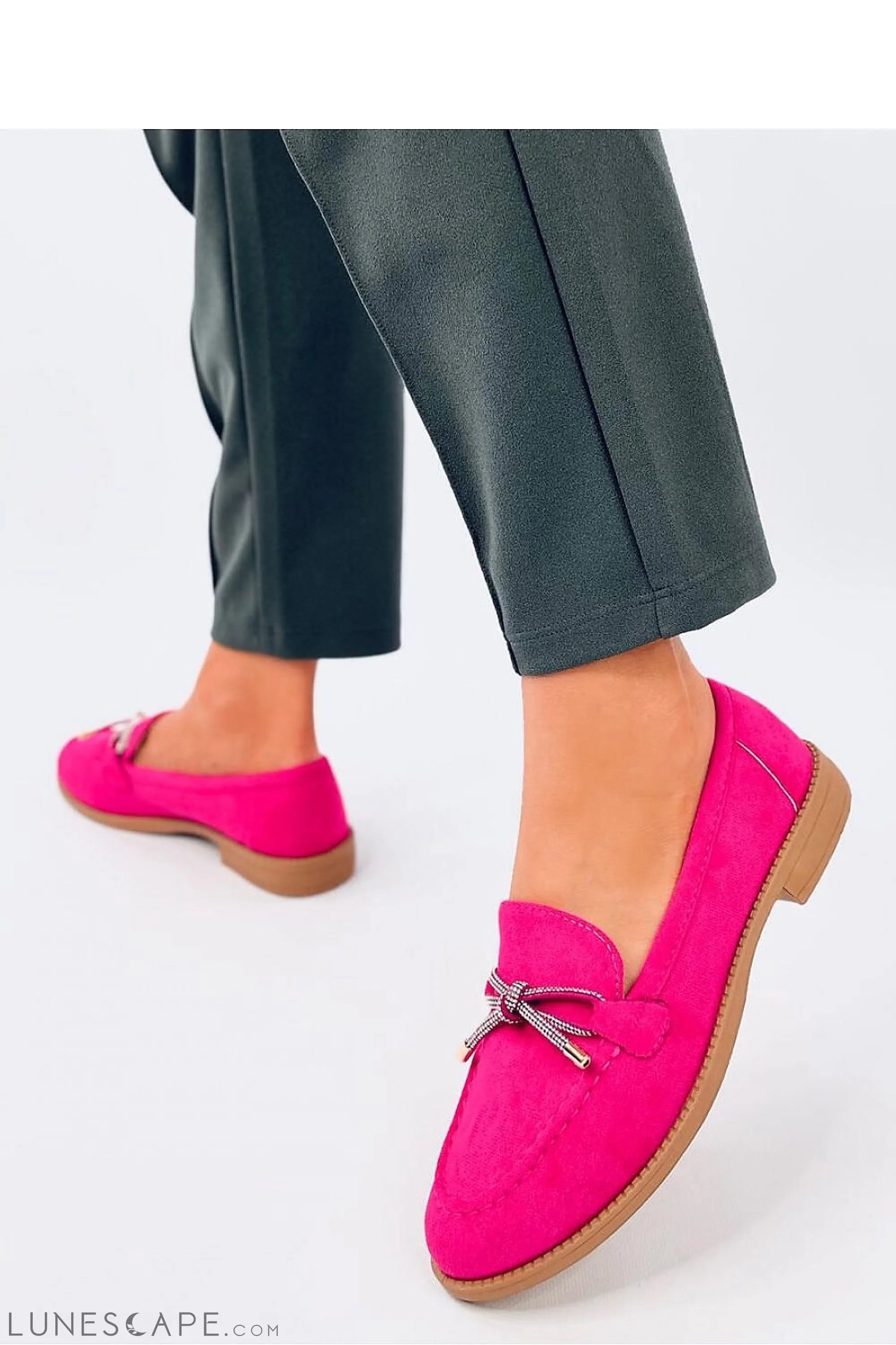 Fuchsia Eco-Suede Loafers for Women – Almond-Toe Slip-Ons with Crystal Bow LUNESCAPE