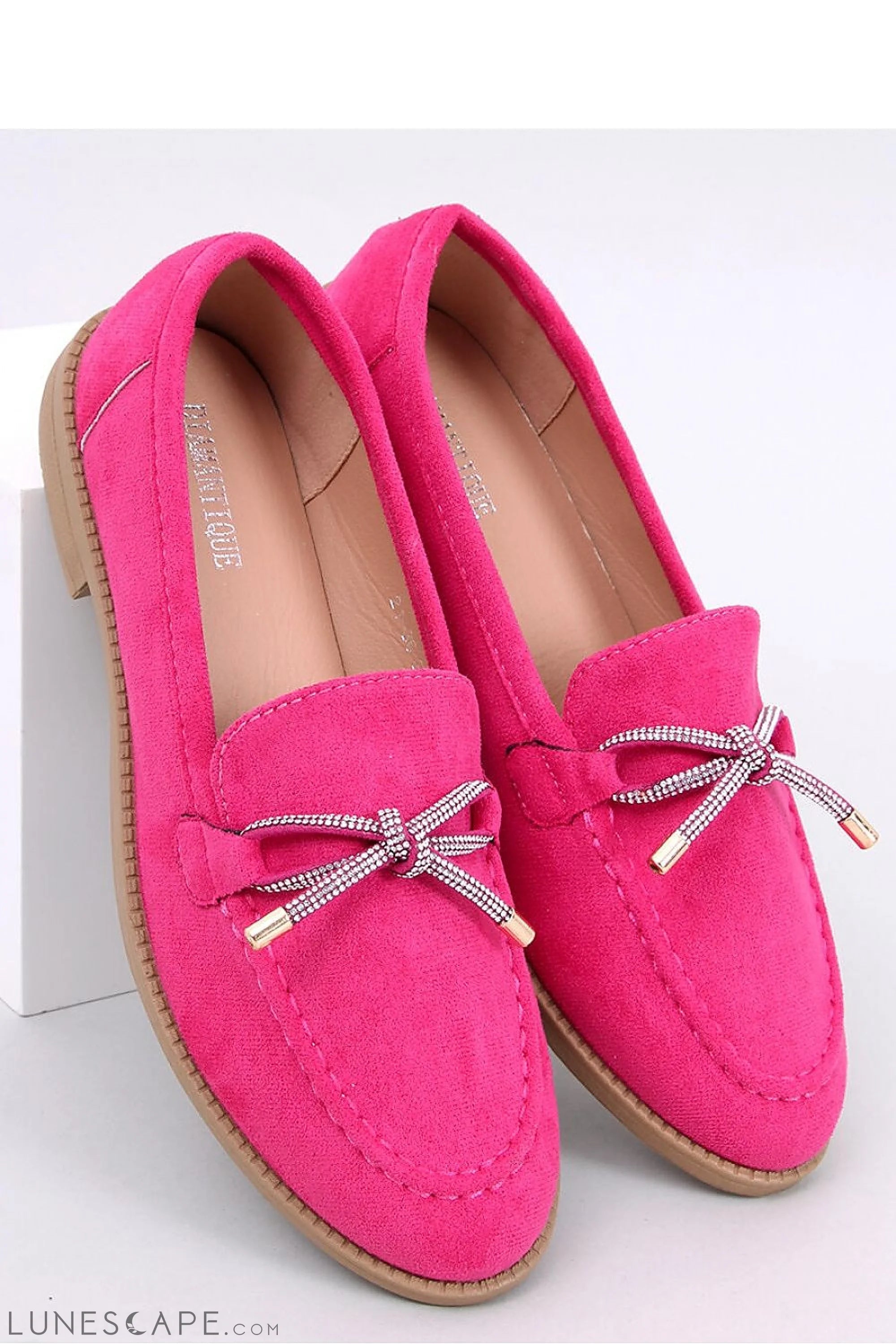 Fuchsia Eco-Suede Loafers for Women – Almond-Toe Slip-Ons with Crystal Bow LUNESCAPE