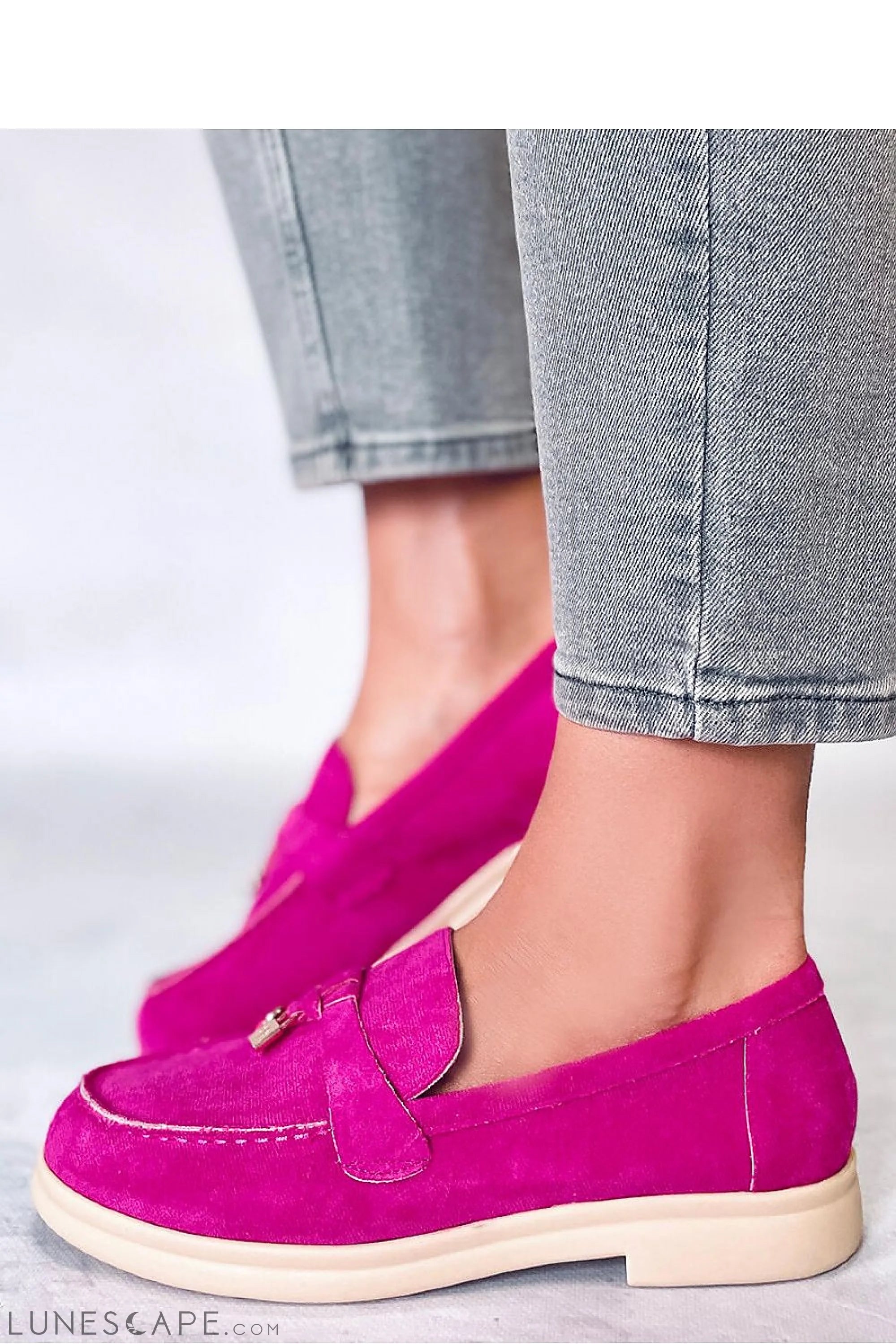 Fuchsia Vegan Nubuck Loafers – Women’s Almond Toe with Penny Bar & Charm Detail LUNESCAPE