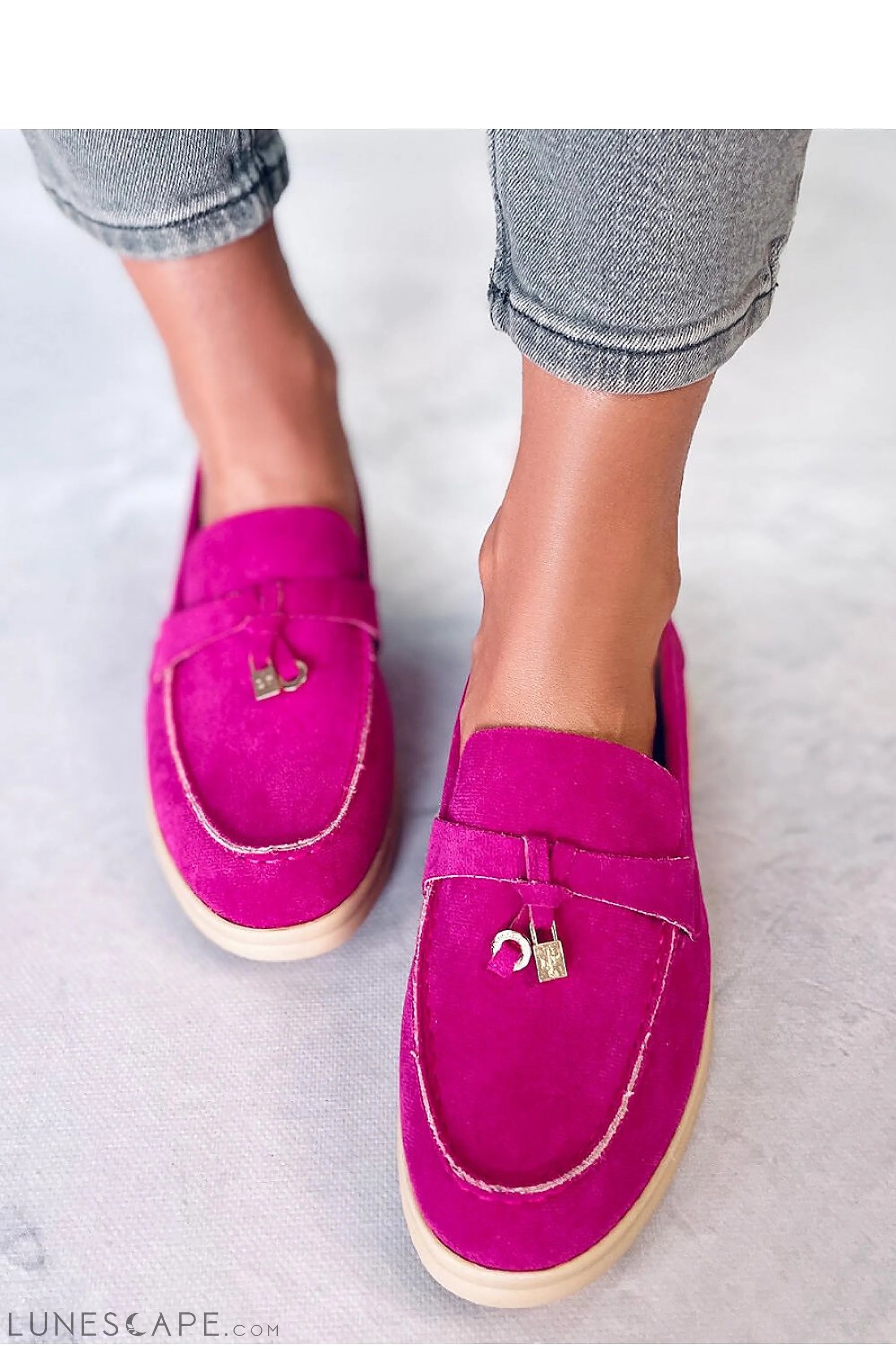 Fuchsia Vegan Nubuck Loafers – Women’s Almond Toe with Penny Bar & Charm Detail LUNESCAPE