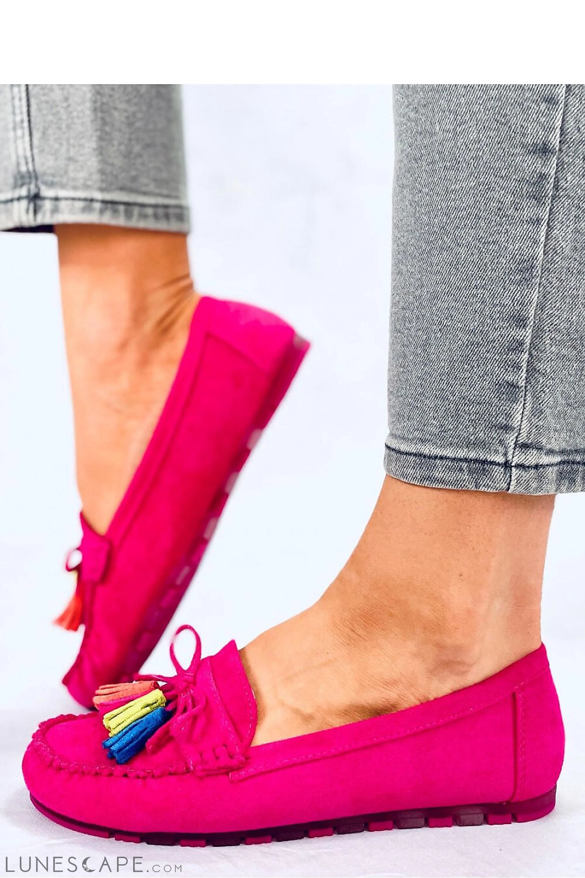 Fuchsia Vegan Suede Moccasins – Women's Round Toe with Colorful Tassels LUNESCAPE