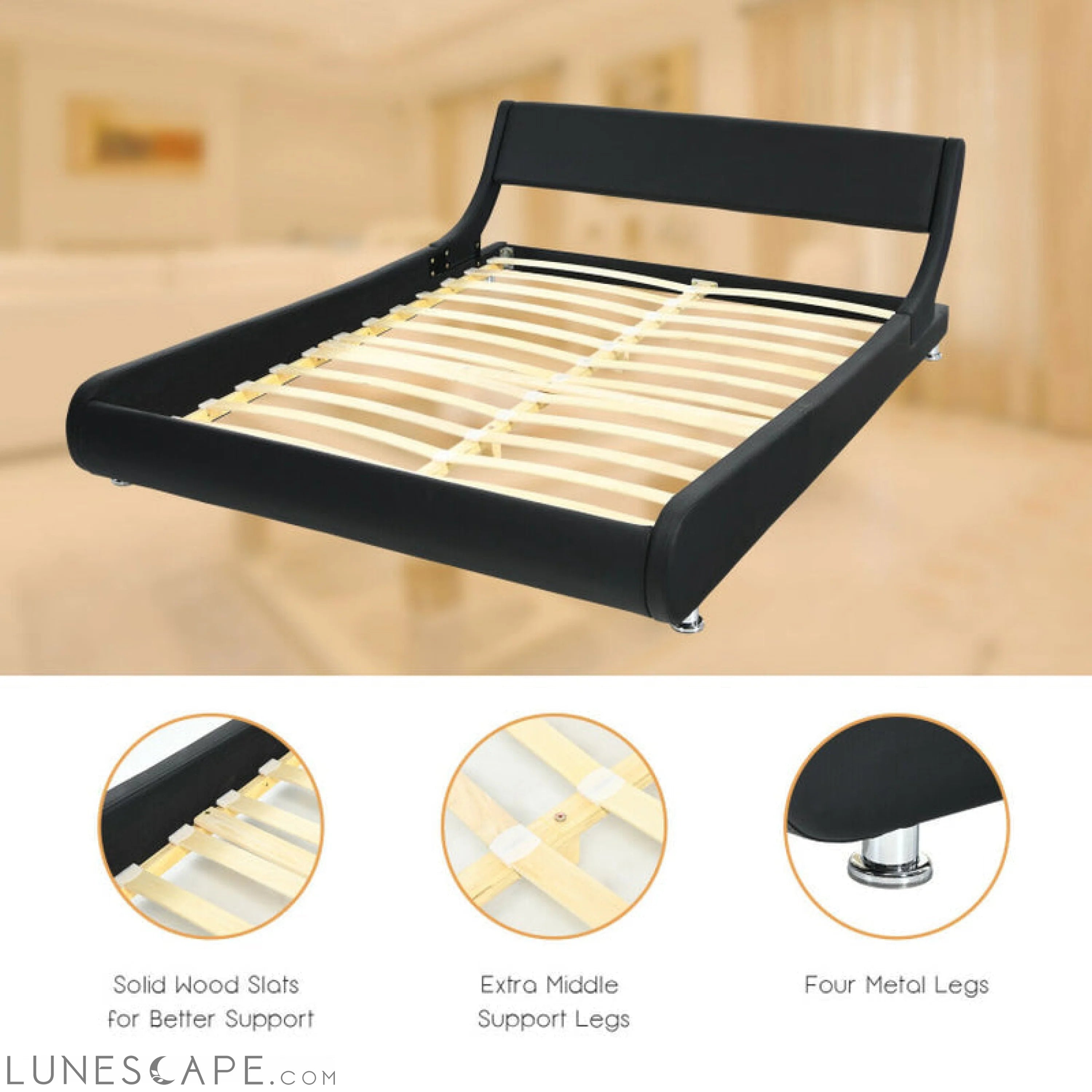 Full Size Faux Leather Upholstered Platform Bed Adjustable Headboard LUNESCAPE