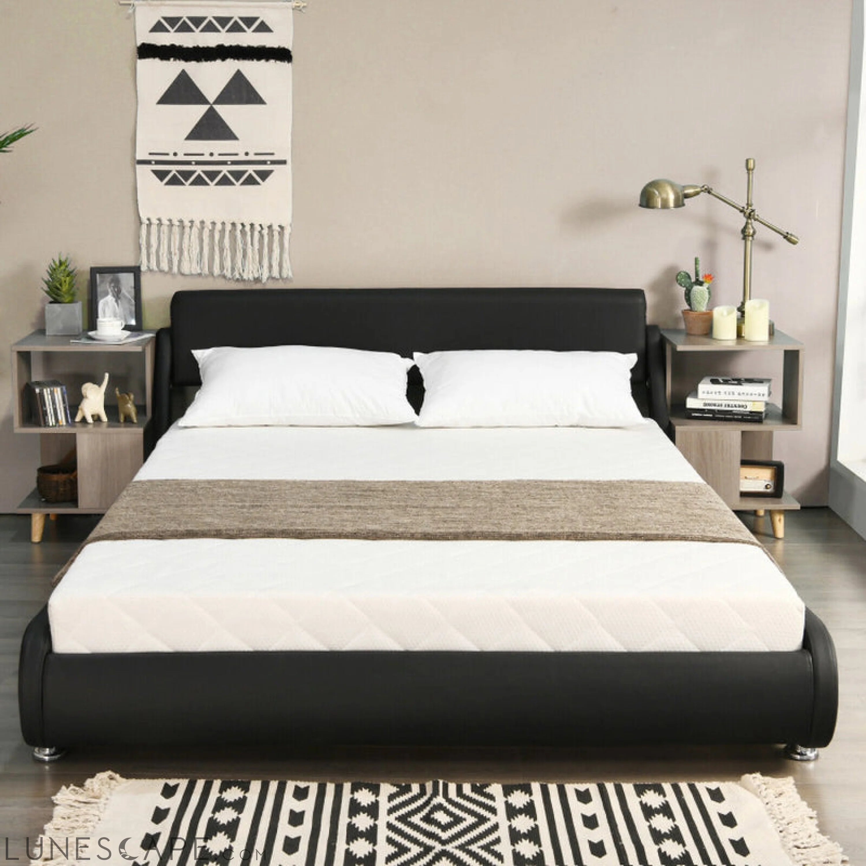 Full Size Faux Leather Upholstered Platform Bed Adjustable Headboard LUNESCAPE