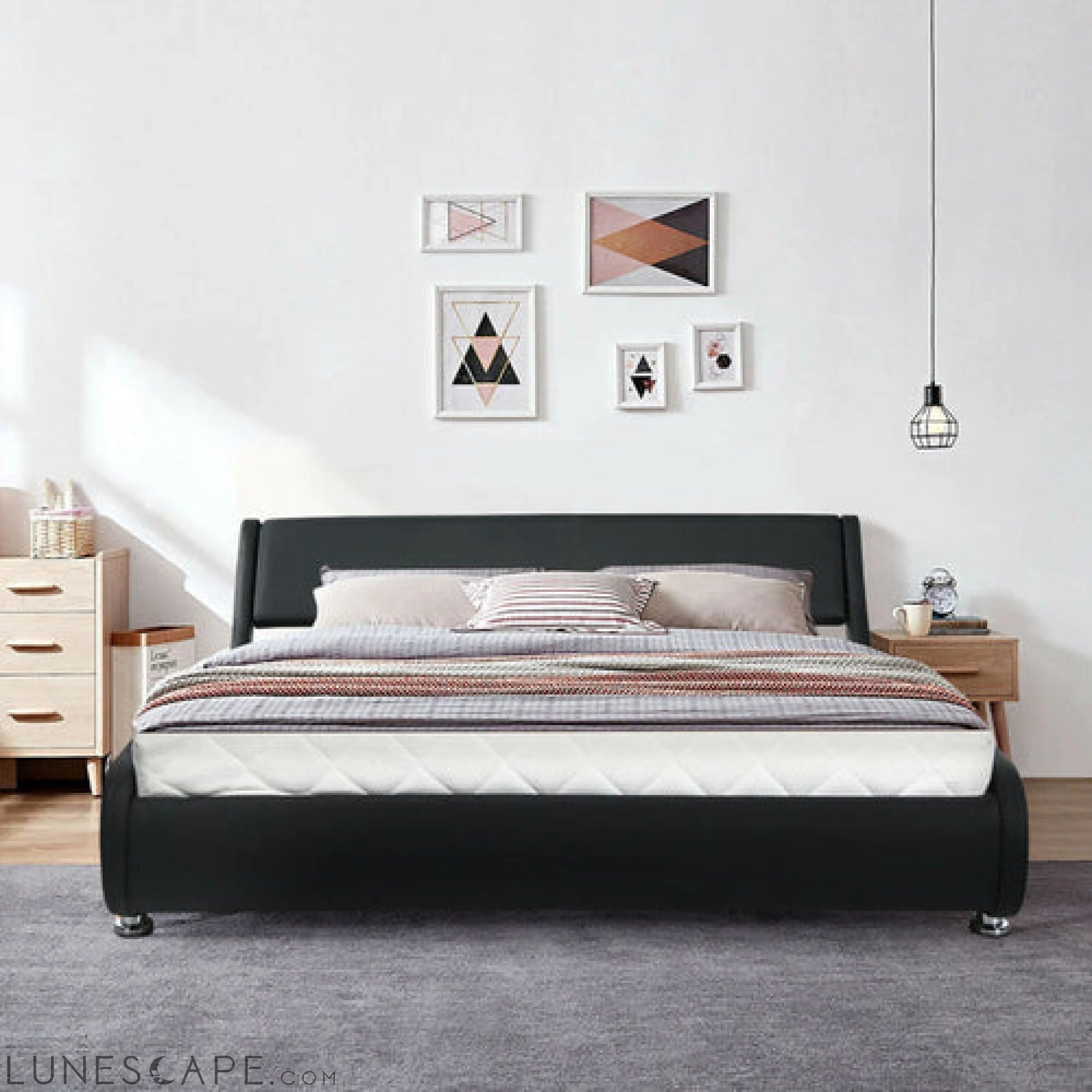 Full Size Faux Leather Upholstered Platform Bed Adjustable Headboard LUNESCAPE
