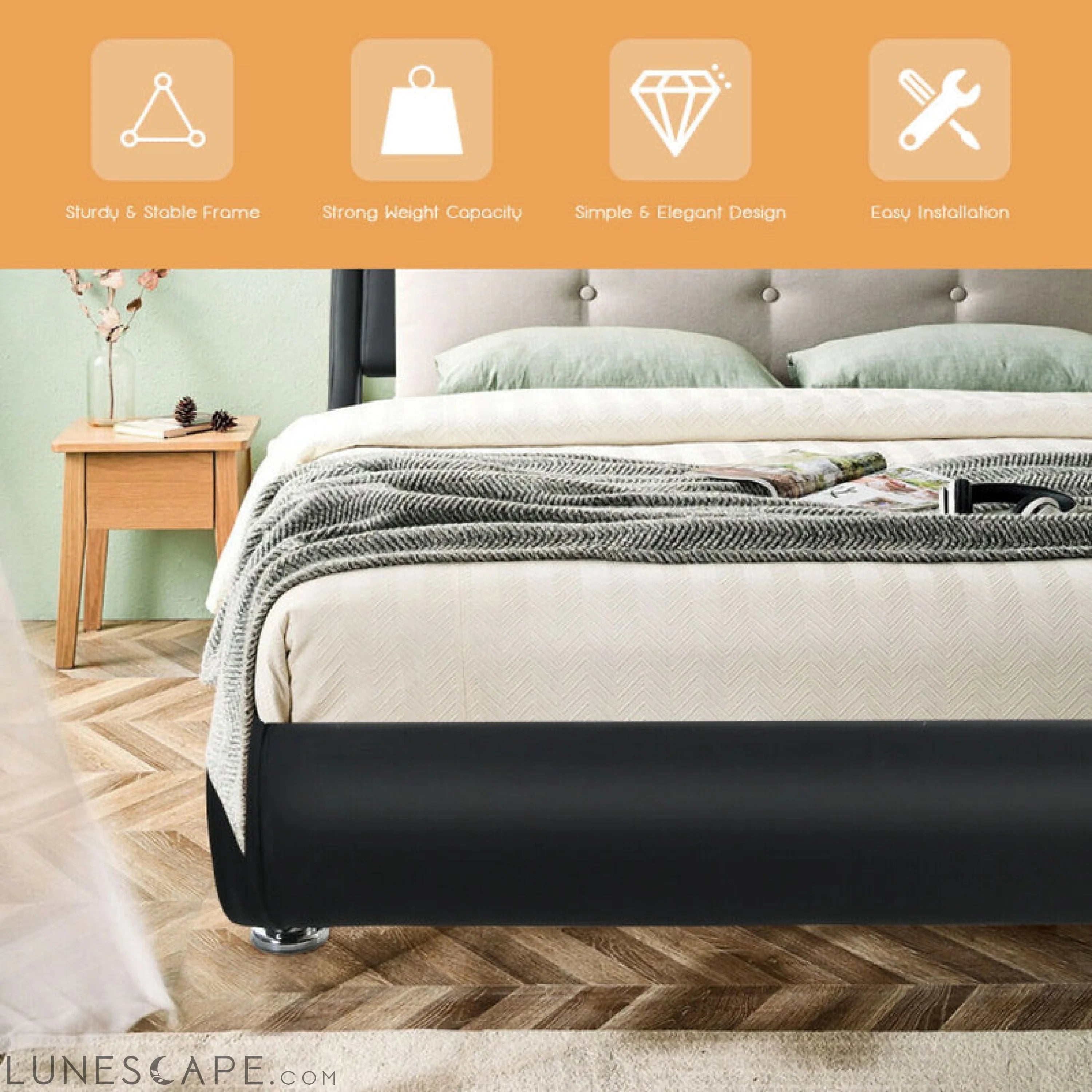 Full Size Faux Leather Upholstered Platform Bed Adjustable Headboard LUNESCAPE