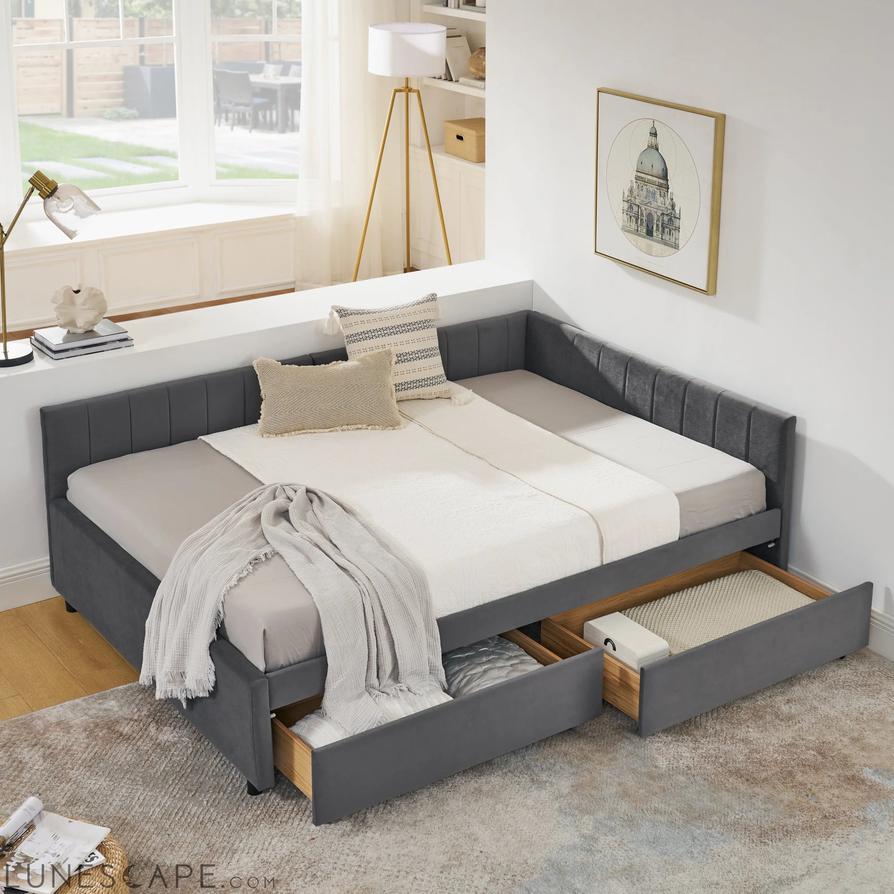 Full Size Upholstered Tufted Bed Frame with Two Drawers, Sofa Bed LUNESCAPE