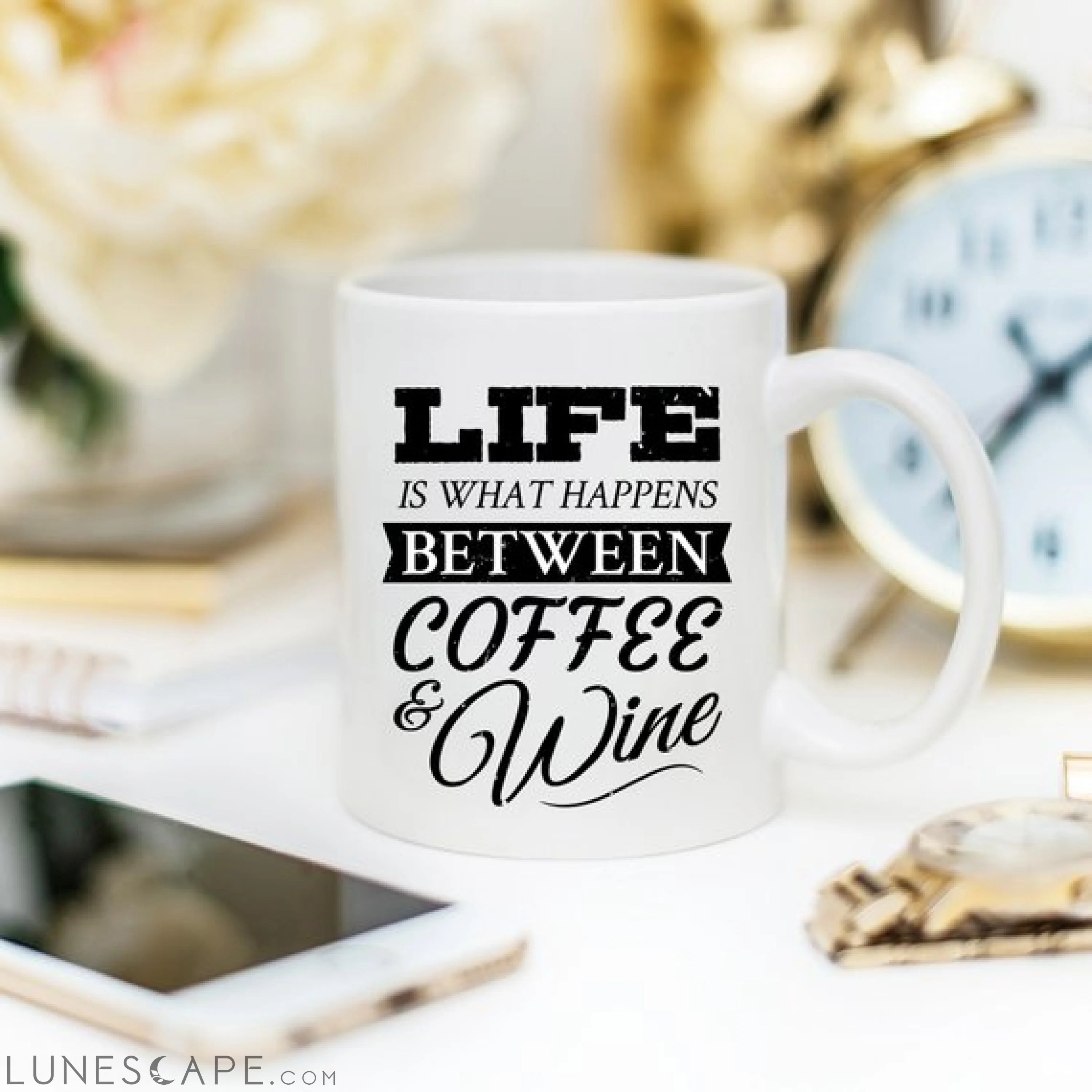 Funny Coffee Mug, Life Is What Happens Between LUNESCAPE