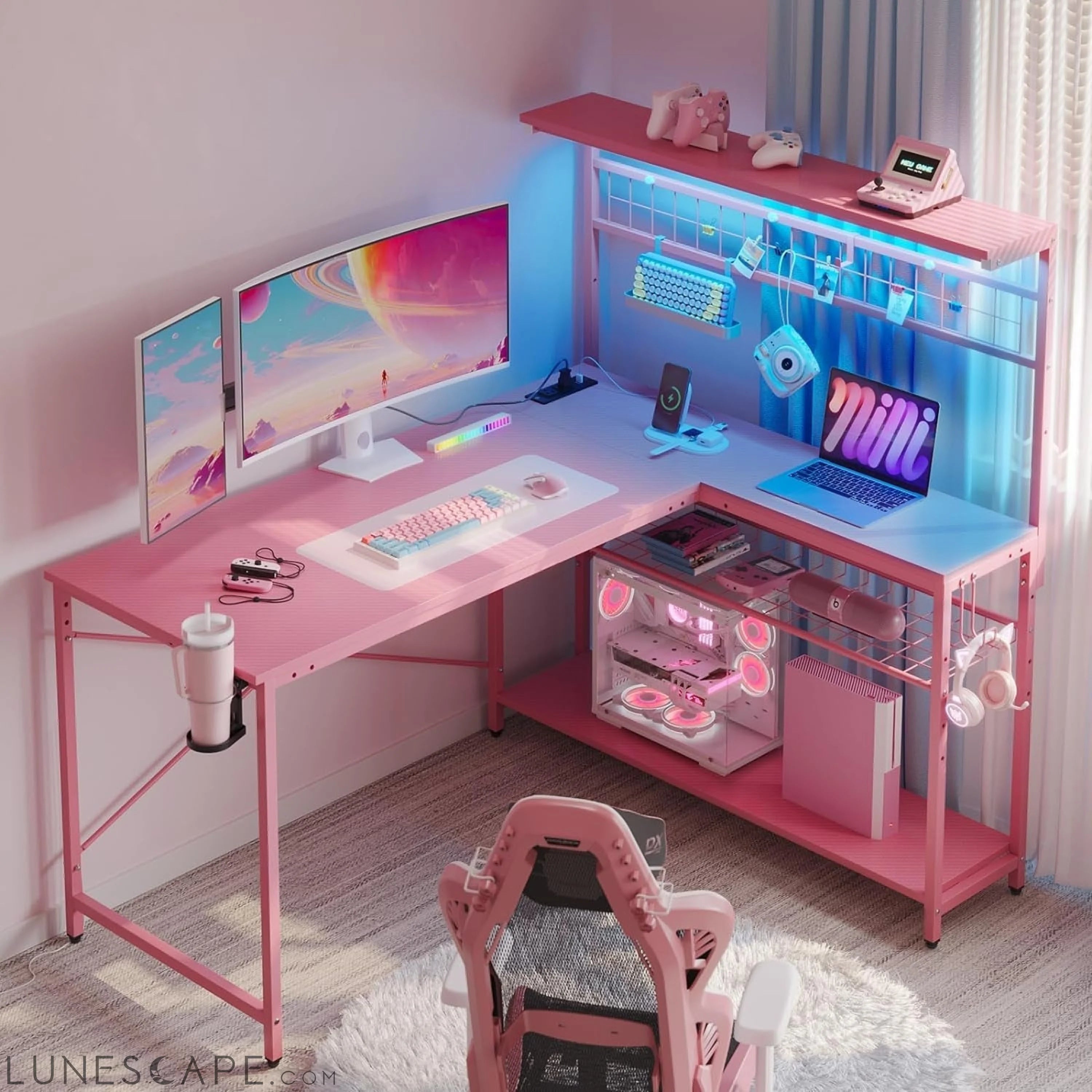 Gaming Desk 51" L-Shaped, with Power Outlets & LED Lights- 4 Tier LUNESCAPE