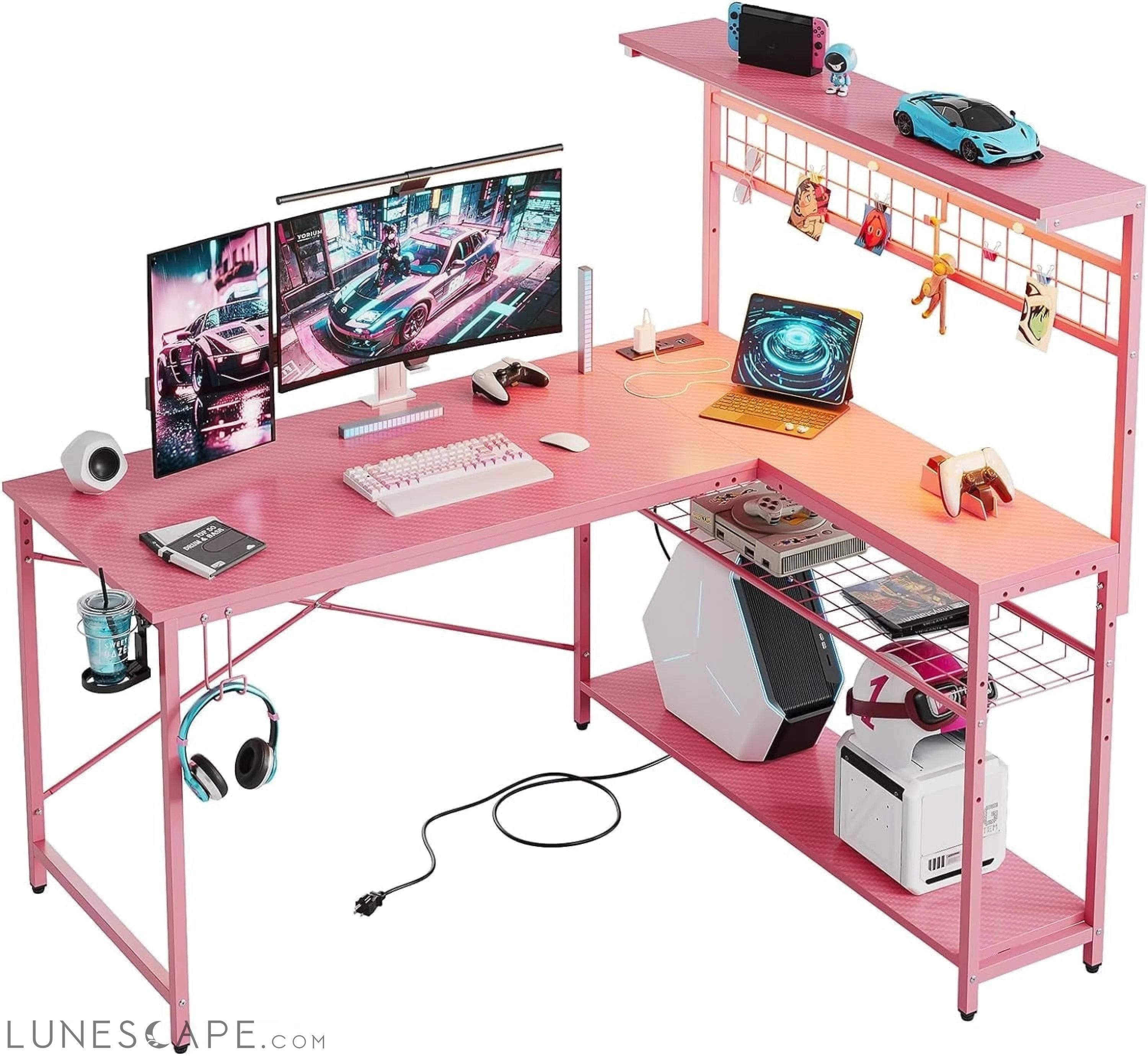 Gaming Desk 51" L-Shaped, with Power Outlets & LED Lights- 4 Tier LUNESCAPE