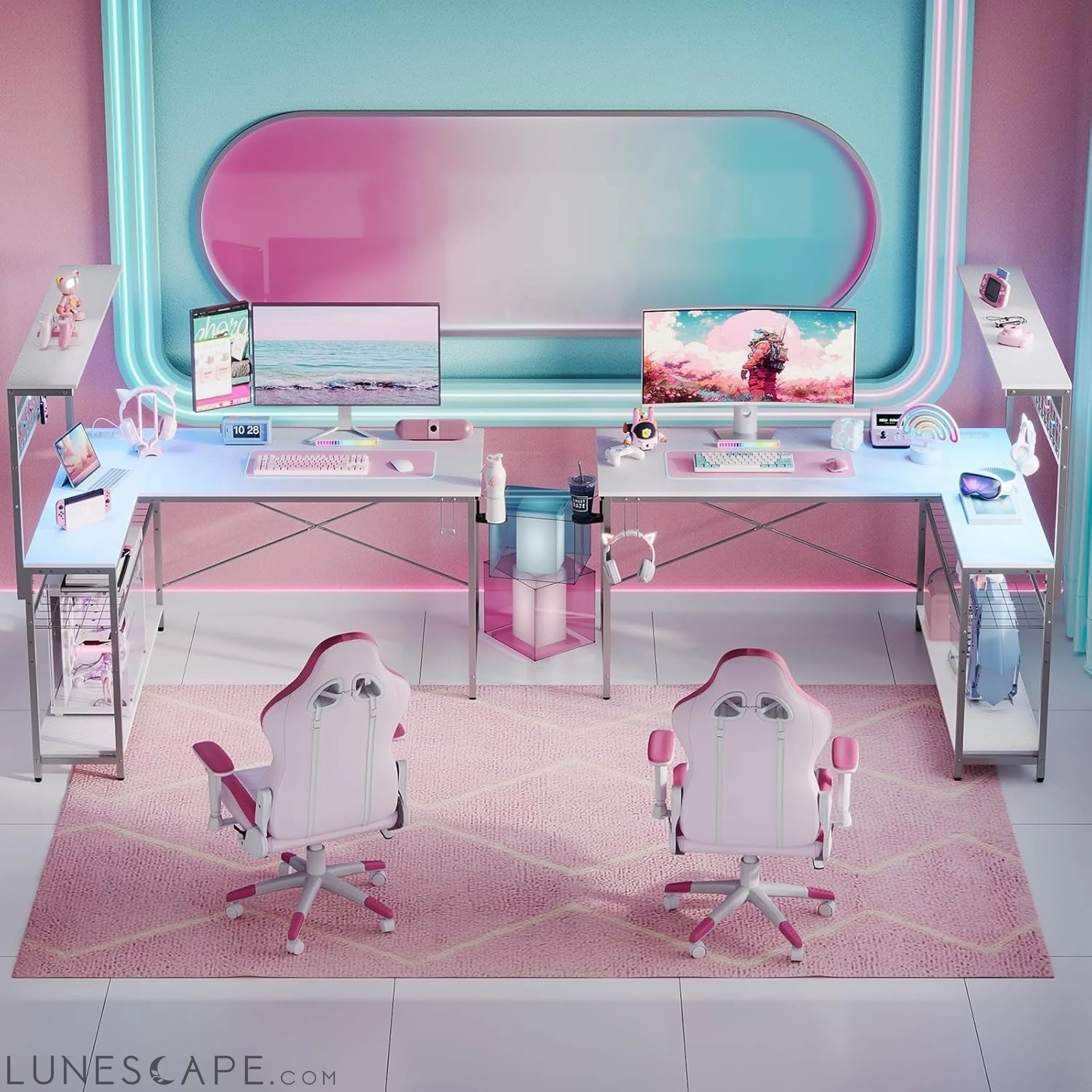 Gaming Desk 51" L-Shaped, with Power Outlets & LED Lights- 4 Tier LUNESCAPE