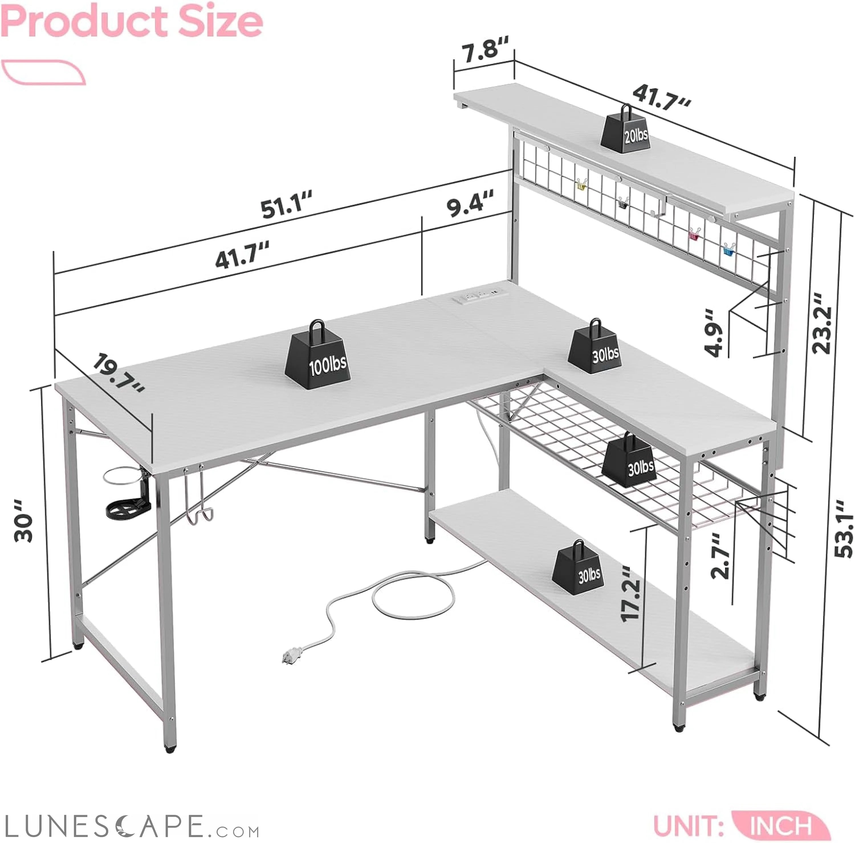Gaming Desk 51" L-Shaped, with Power Outlets & LED Lights- 4 Tier LUNESCAPE