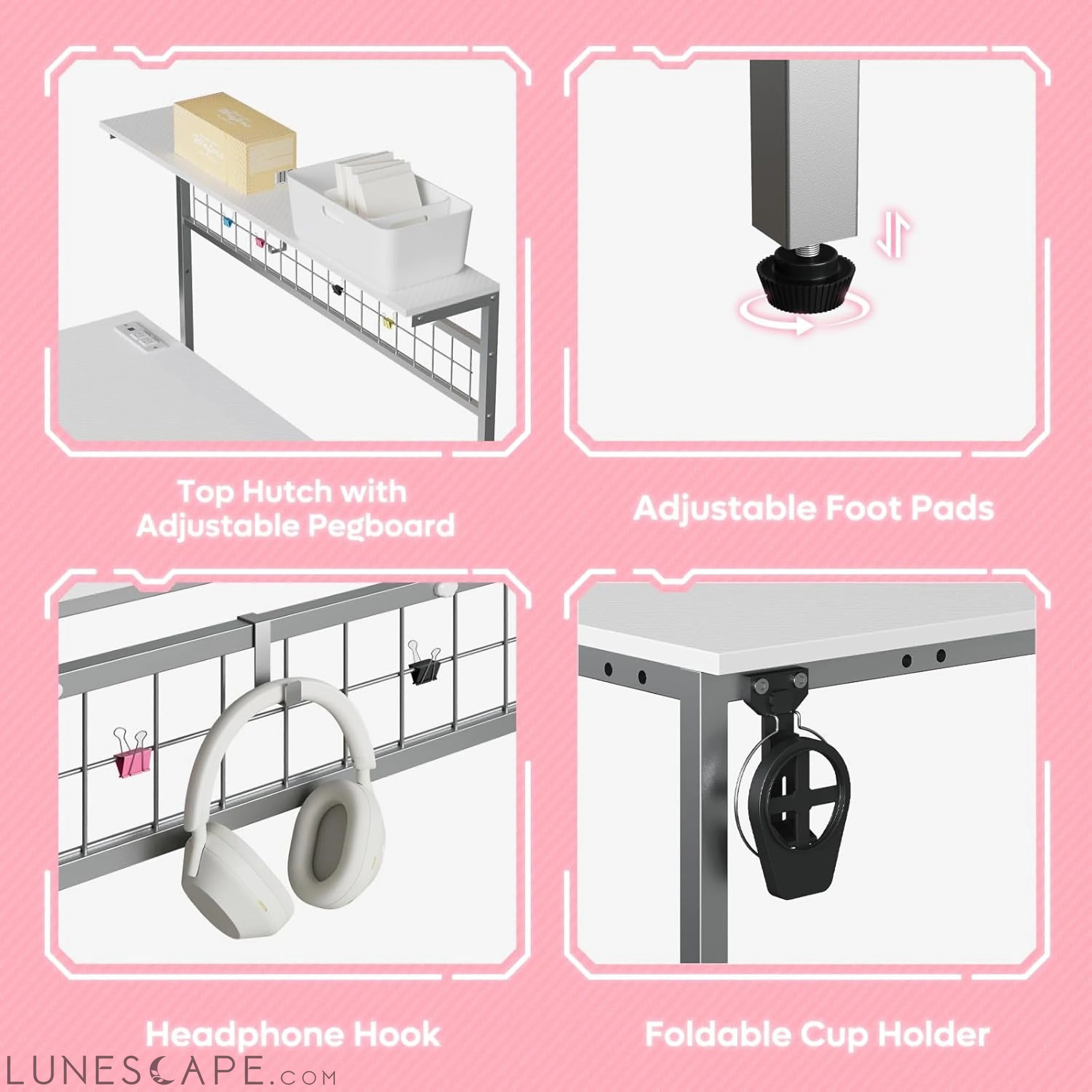 Gaming Desk 51" L-Shaped, with Power Outlets & LED Lights- 4 Tier LUNESCAPE