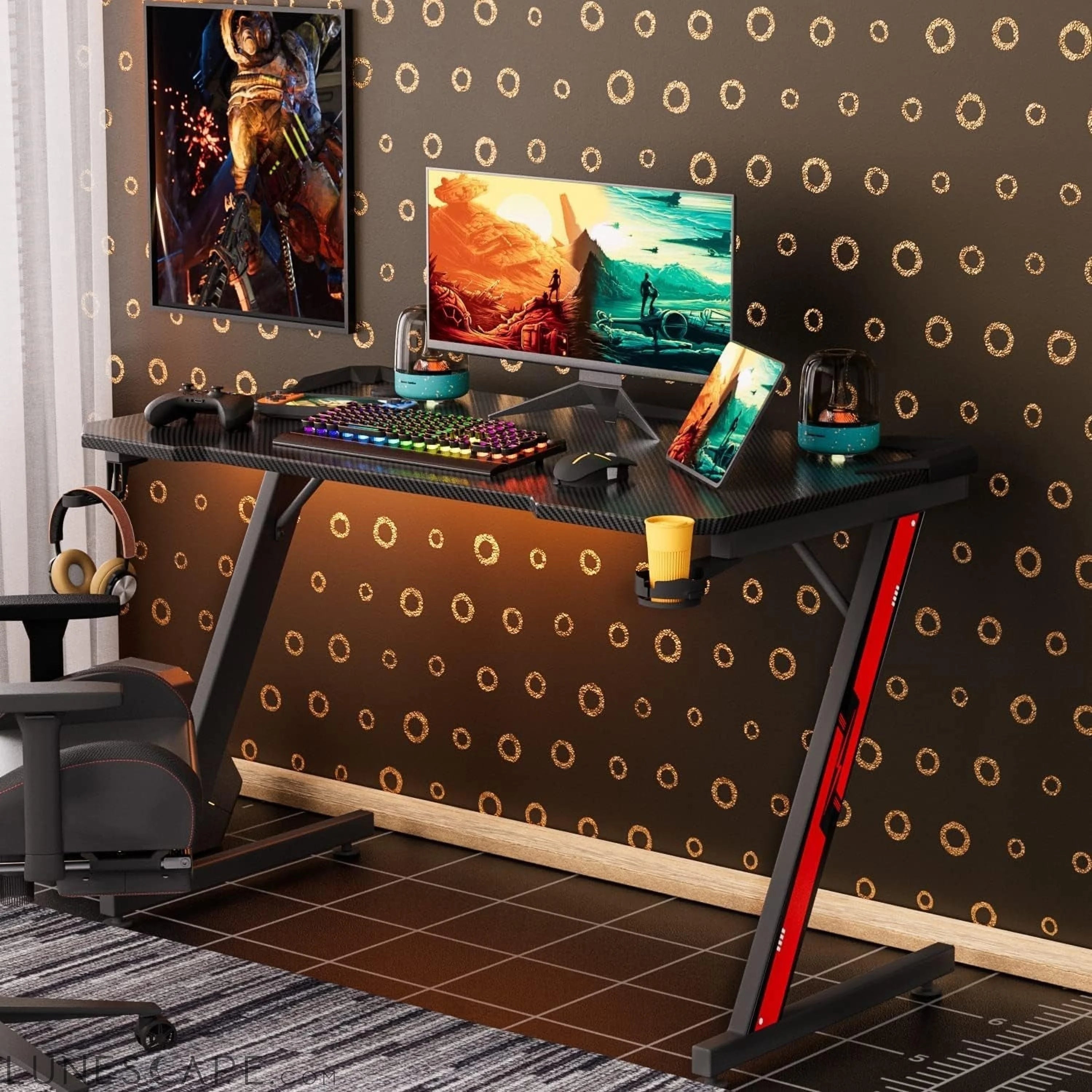 Gaming Desk, Computer Desk with Carbon Fiber Surface, Gaming Table Z LUNESCAPE
