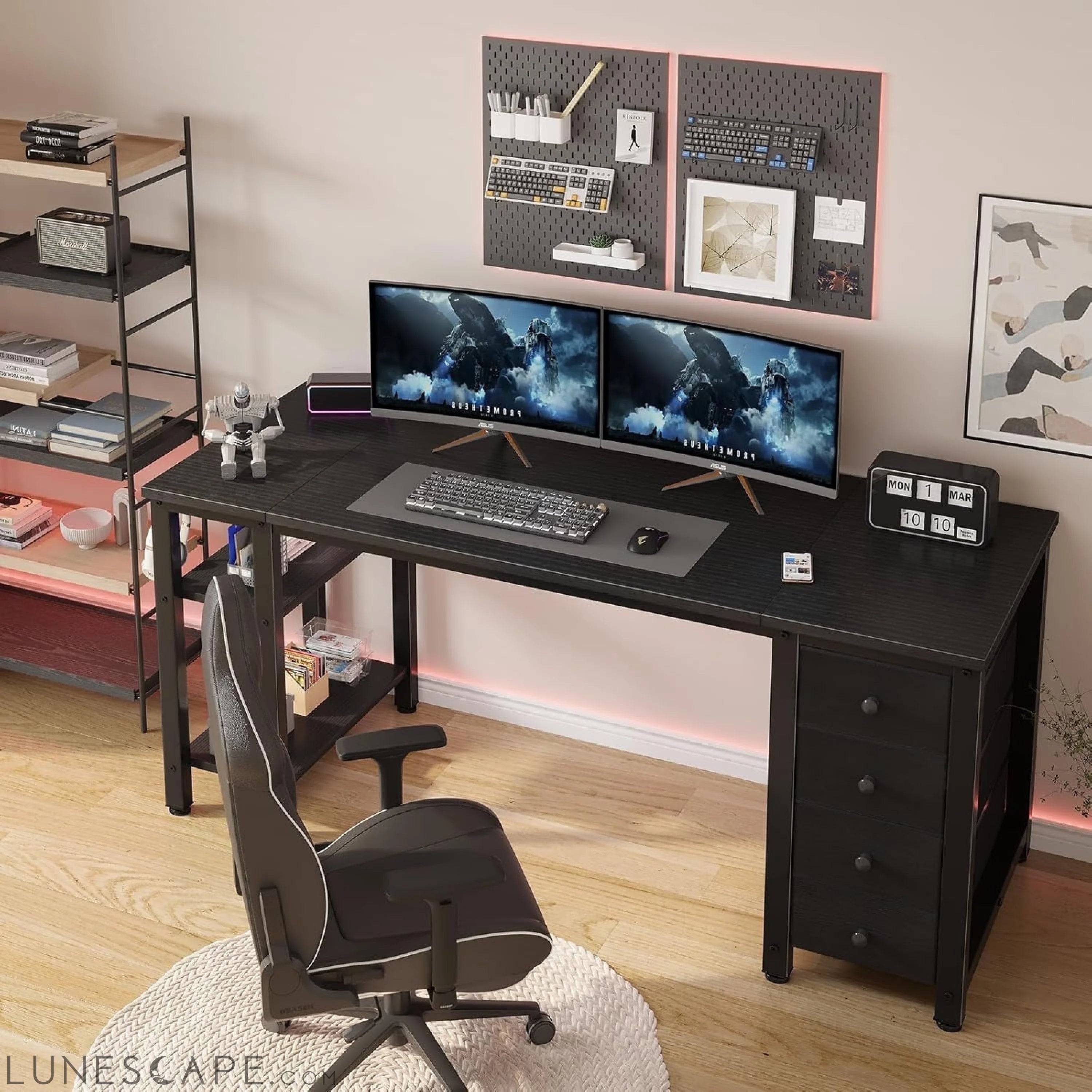 Gaming Desk with 4 Fabric Drawers & Storage Shelves, 55 Inch Computer LUNESCAPE