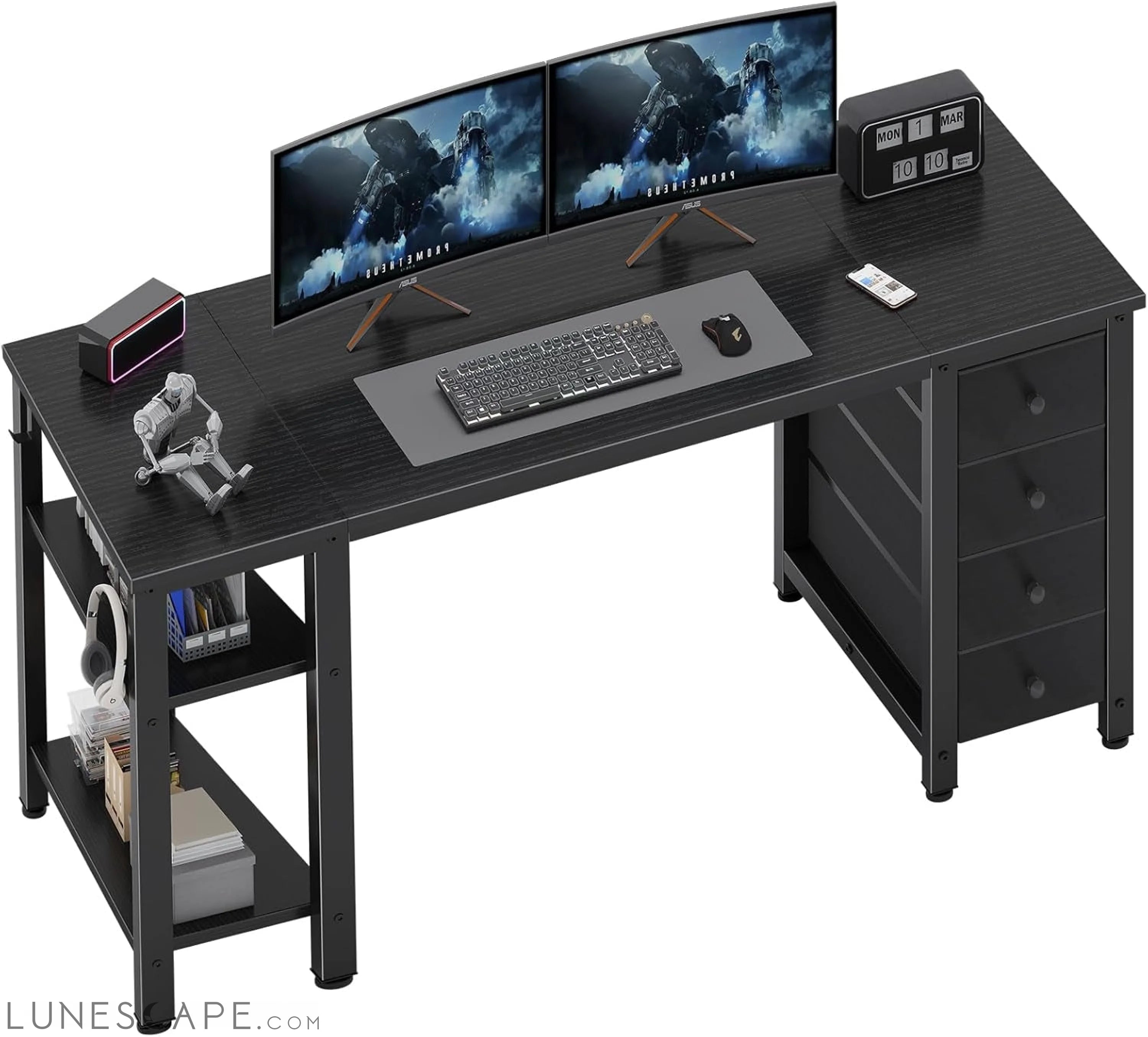 Gaming Desk with 4 Fabric Drawers & Storage Shelves, 55 Inch Computer LUNESCAPE