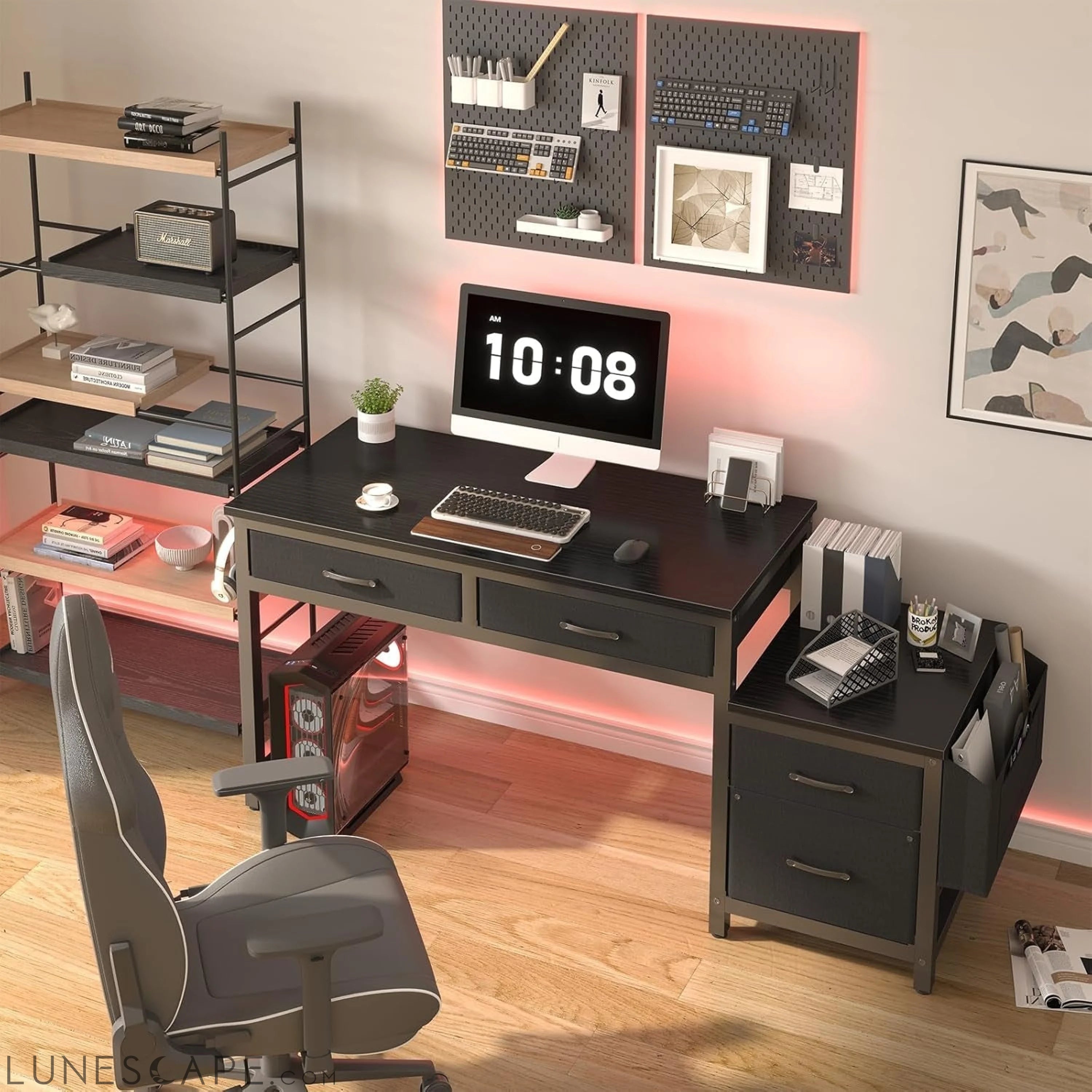 Gaming Desk with Fabric File Drawers Cabinet, 57 Inch Home Office LUNESCAPE