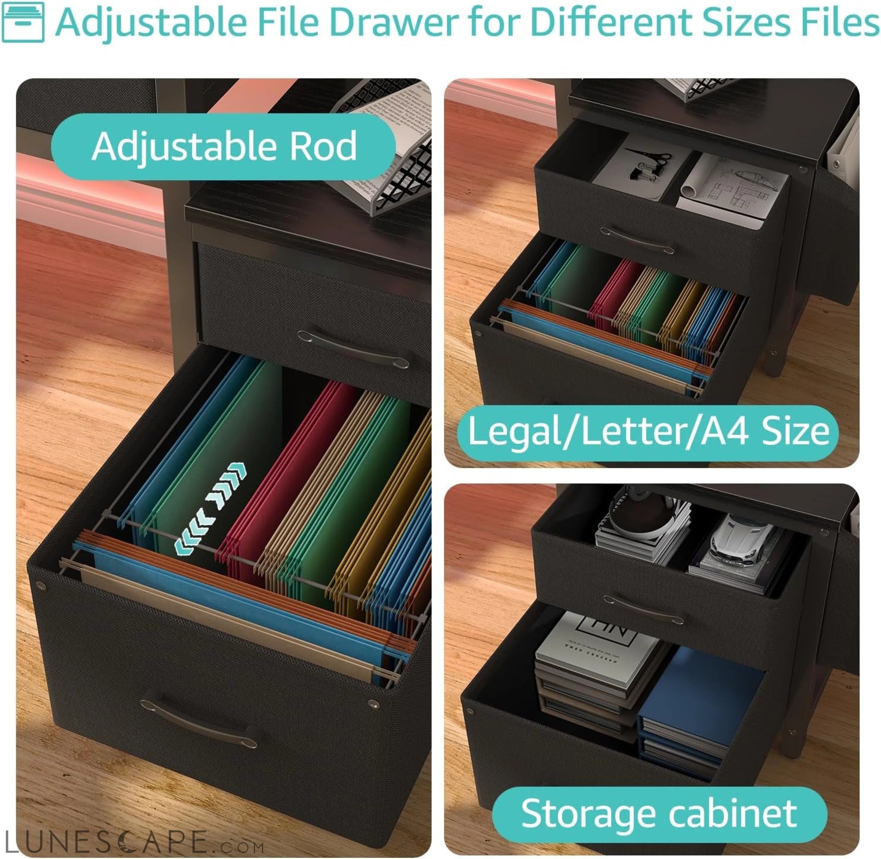 Gaming Desk with Fabric File Drawers Cabinet, 57 Inch Home Office LUNESCAPE