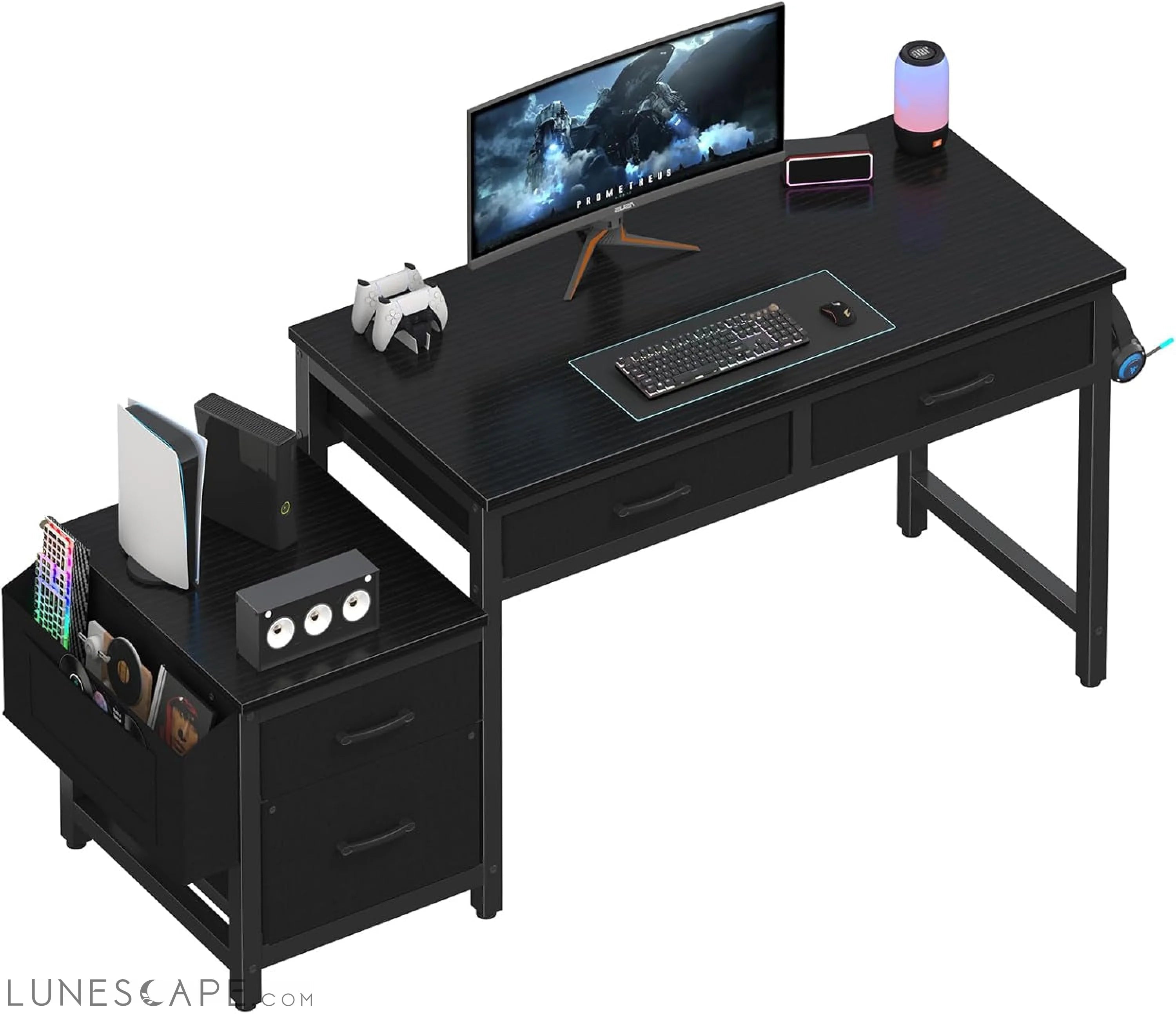 Gaming Desk with Fabric File Drawers Cabinet, 57 Inch Home Office LUNESCAPE
