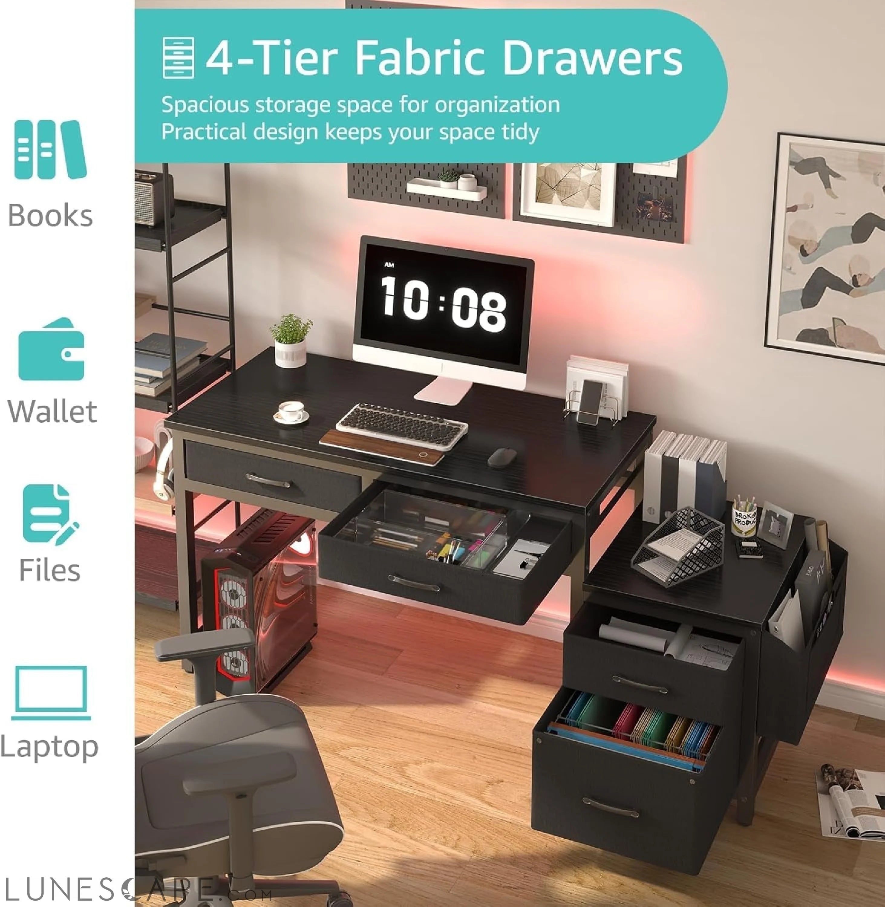 Gaming Desk with Fabric File Drawers Cabinet, 57 Inch Home Office LUNESCAPE