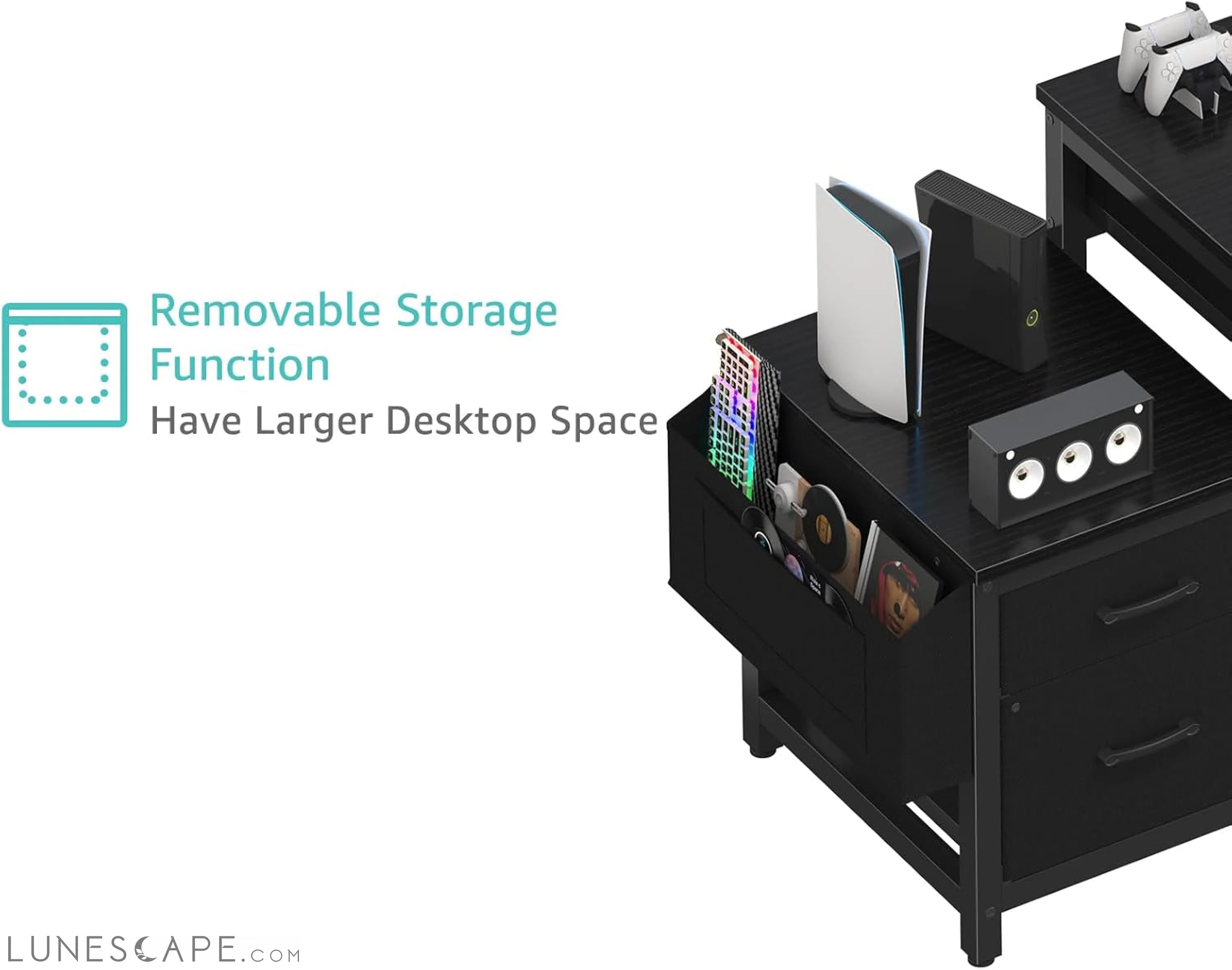 Gaming Desk with Fabric File Drawers Cabinet, 57 Inch Home Office LUNESCAPE