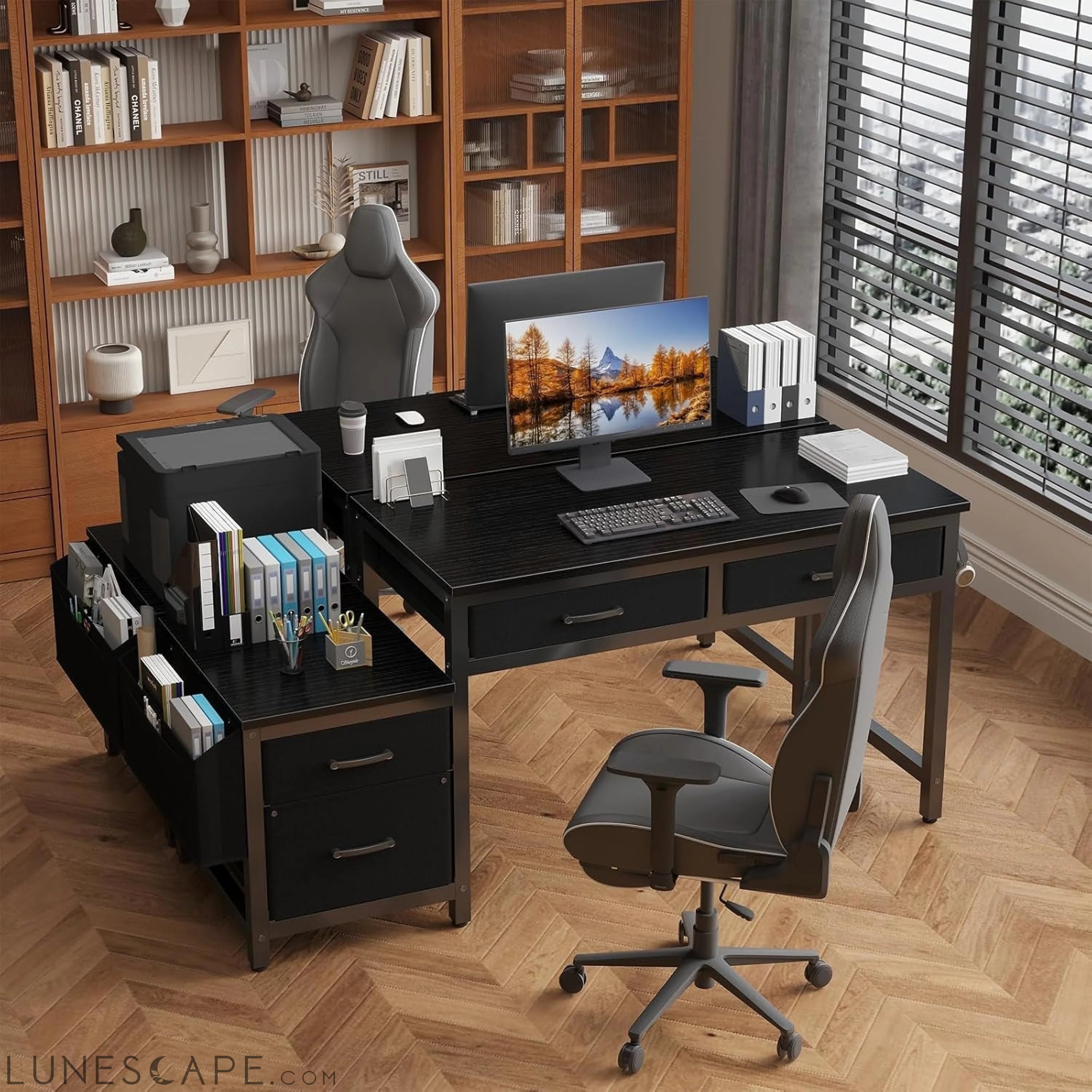 Gaming Desk with Fabric File Drawers Cabinet, 57 Inch Home Office LUNESCAPE
