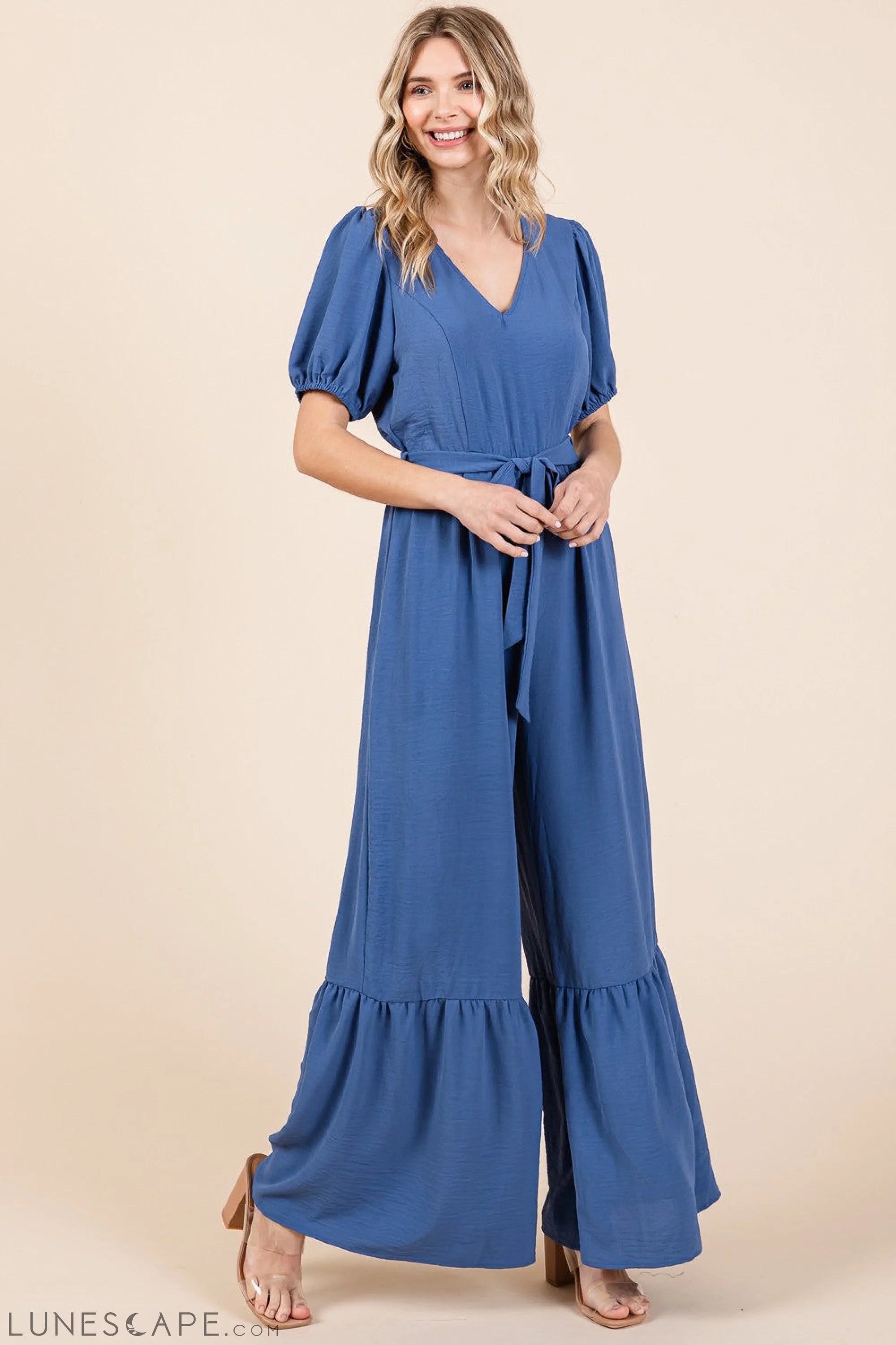GeeGee Full Size V-Neck Belted Wide Leg Jumpsuit LUNESCAPE