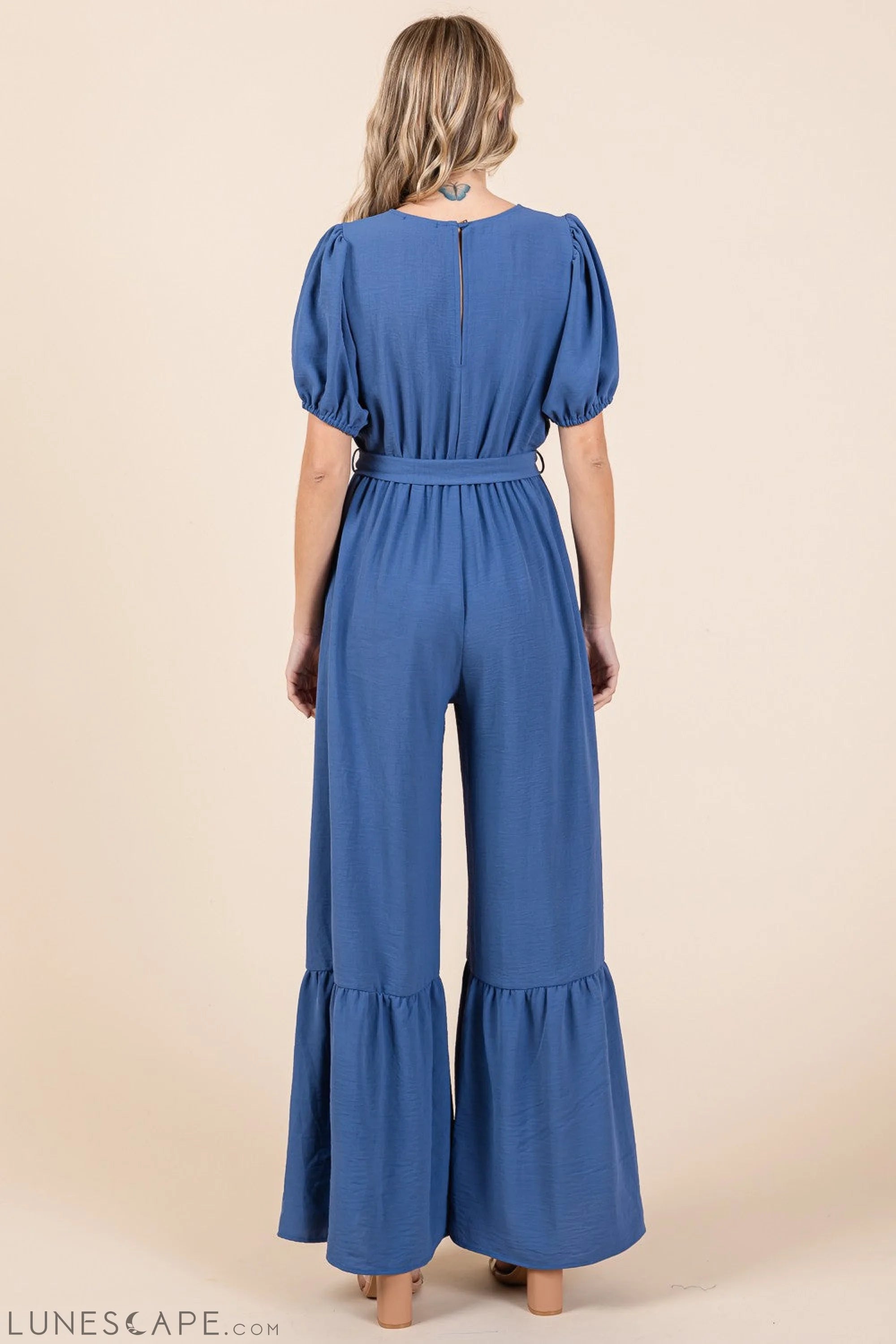 GeeGee Full Size V-Neck Belted Wide Leg Jumpsuit LUNESCAPE