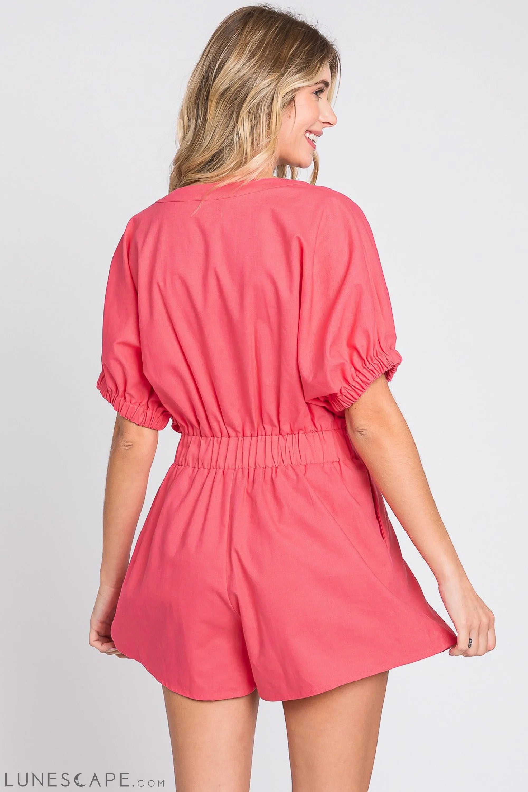 GeeGee Half Button V-Neck Linen Romper LUNESCAPE