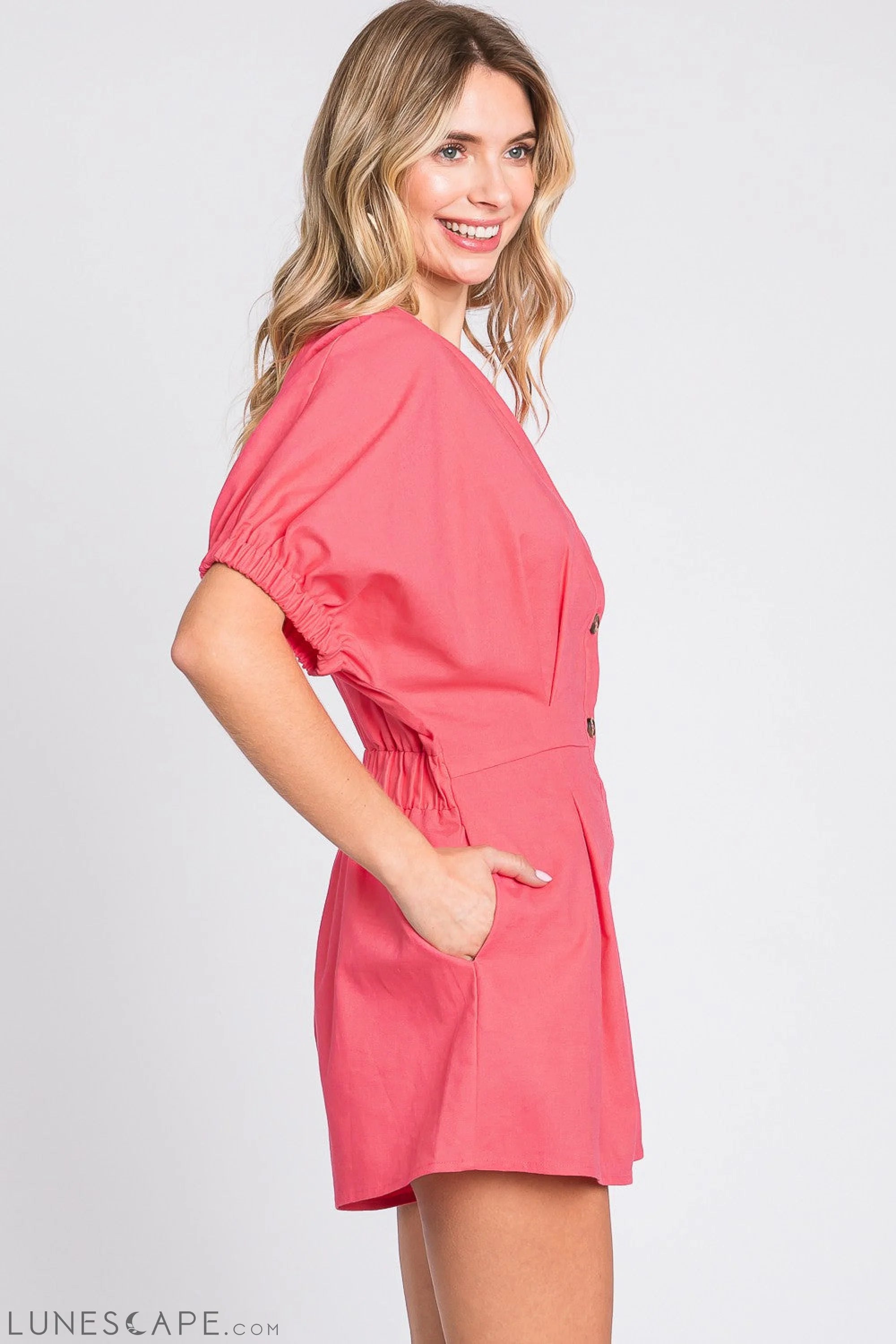 GeeGee Half Button V-Neck Linen Romper LUNESCAPE