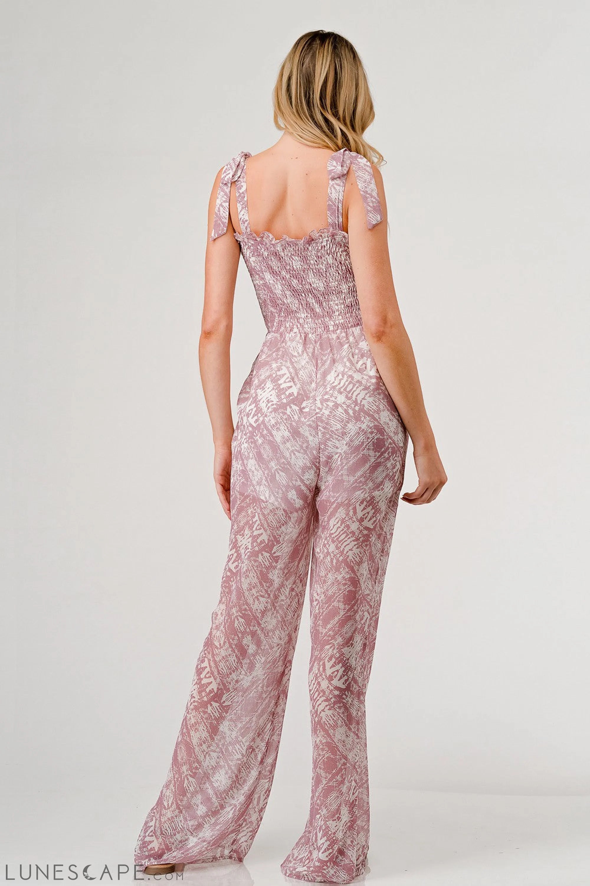 GeeGee Printed Tie Shoulder Wide Leg Jumpsuit LUNESCAPE