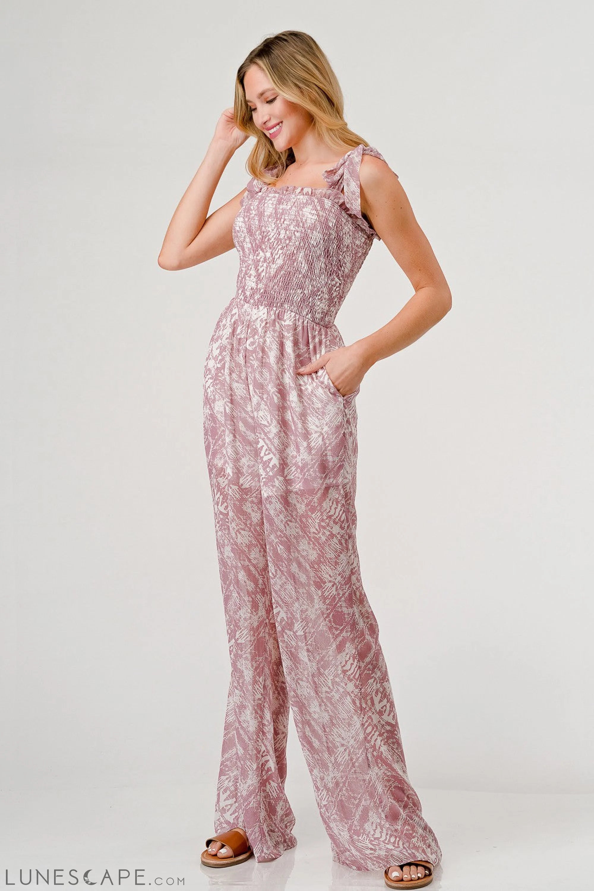 GeeGee Printed Tie Shoulder Wide Leg Jumpsuit LUNESCAPE