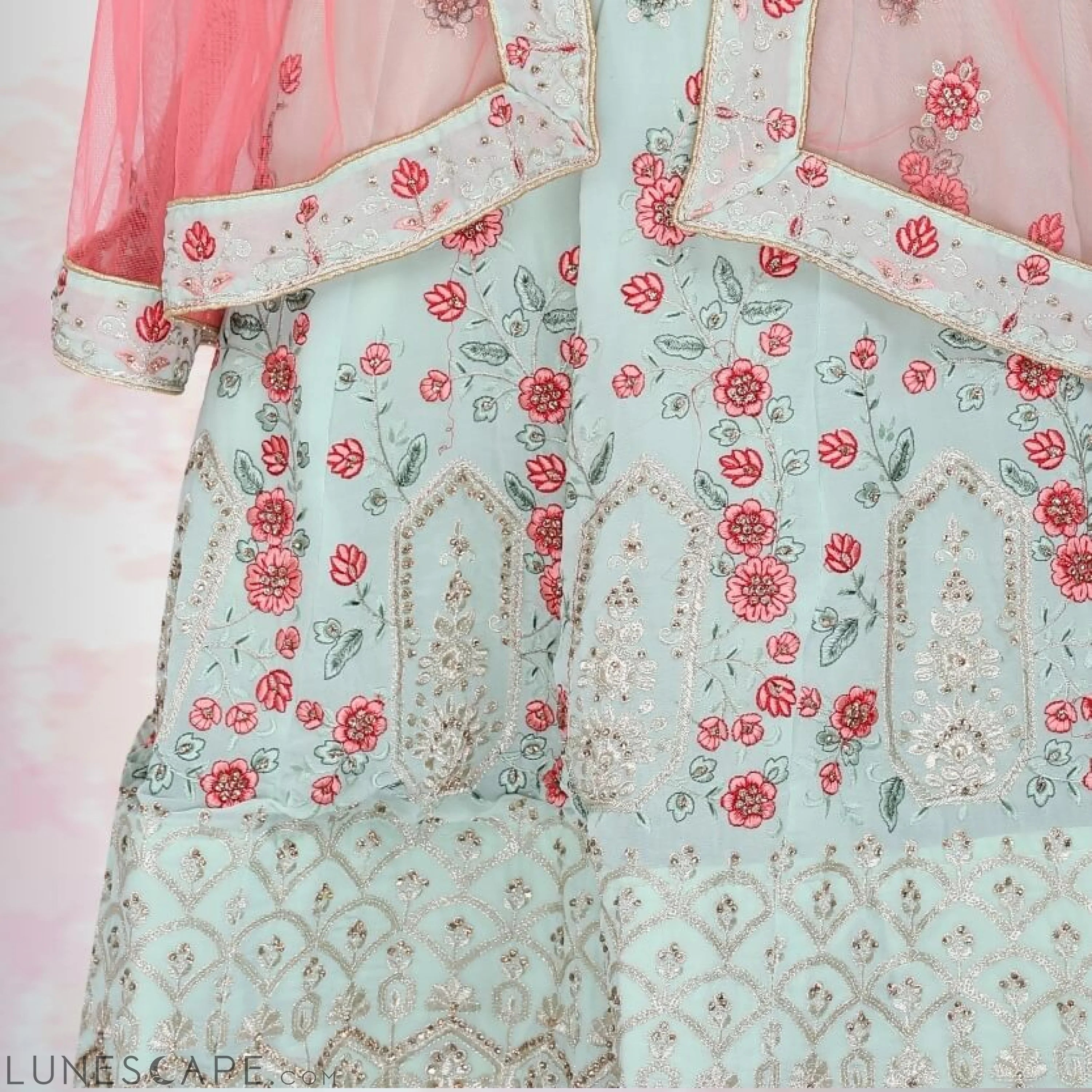 Georgette Lehenga With Readymade Blouse - Green LUNESCAPE