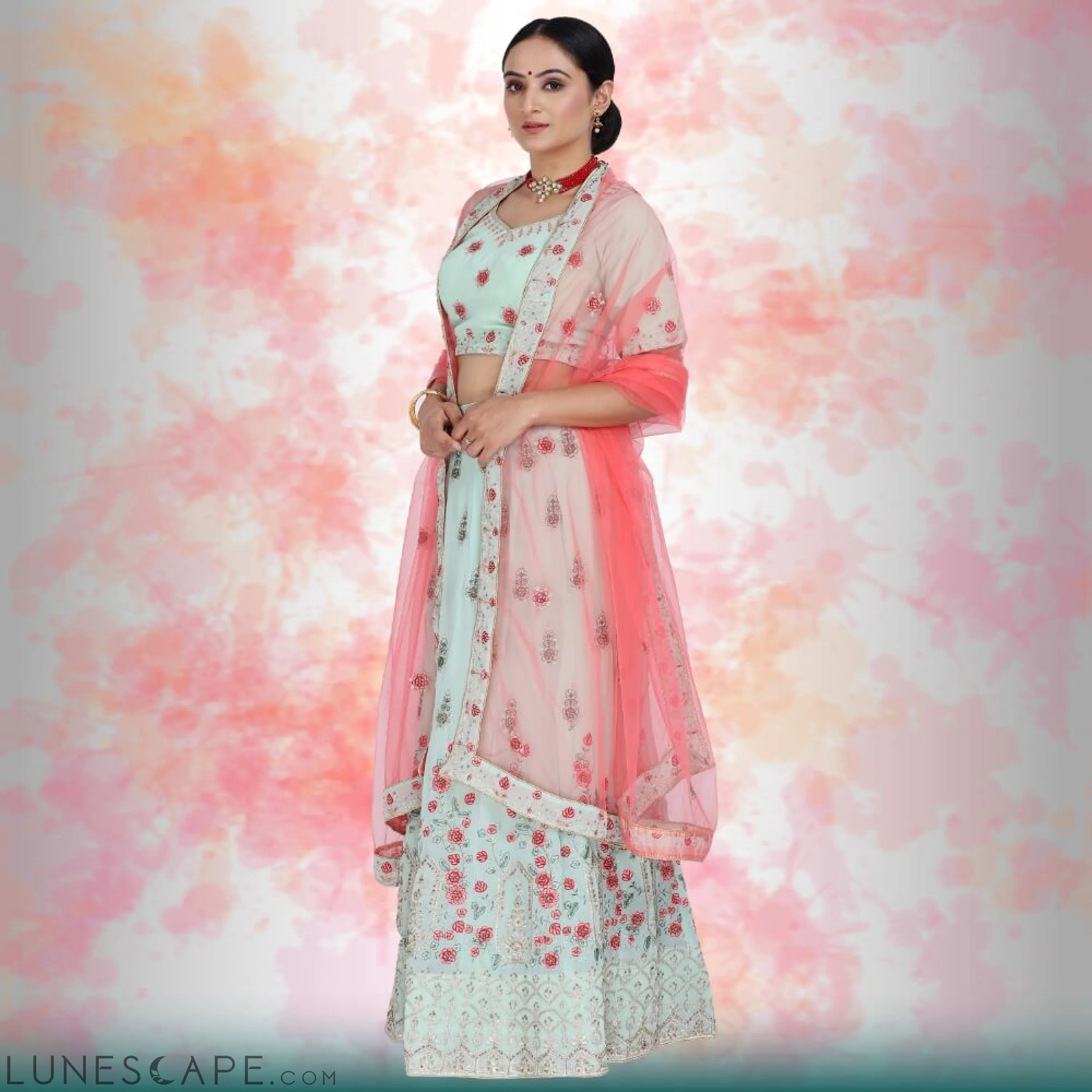 Georgette Lehenga With Readymade Blouse - Green LUNESCAPE