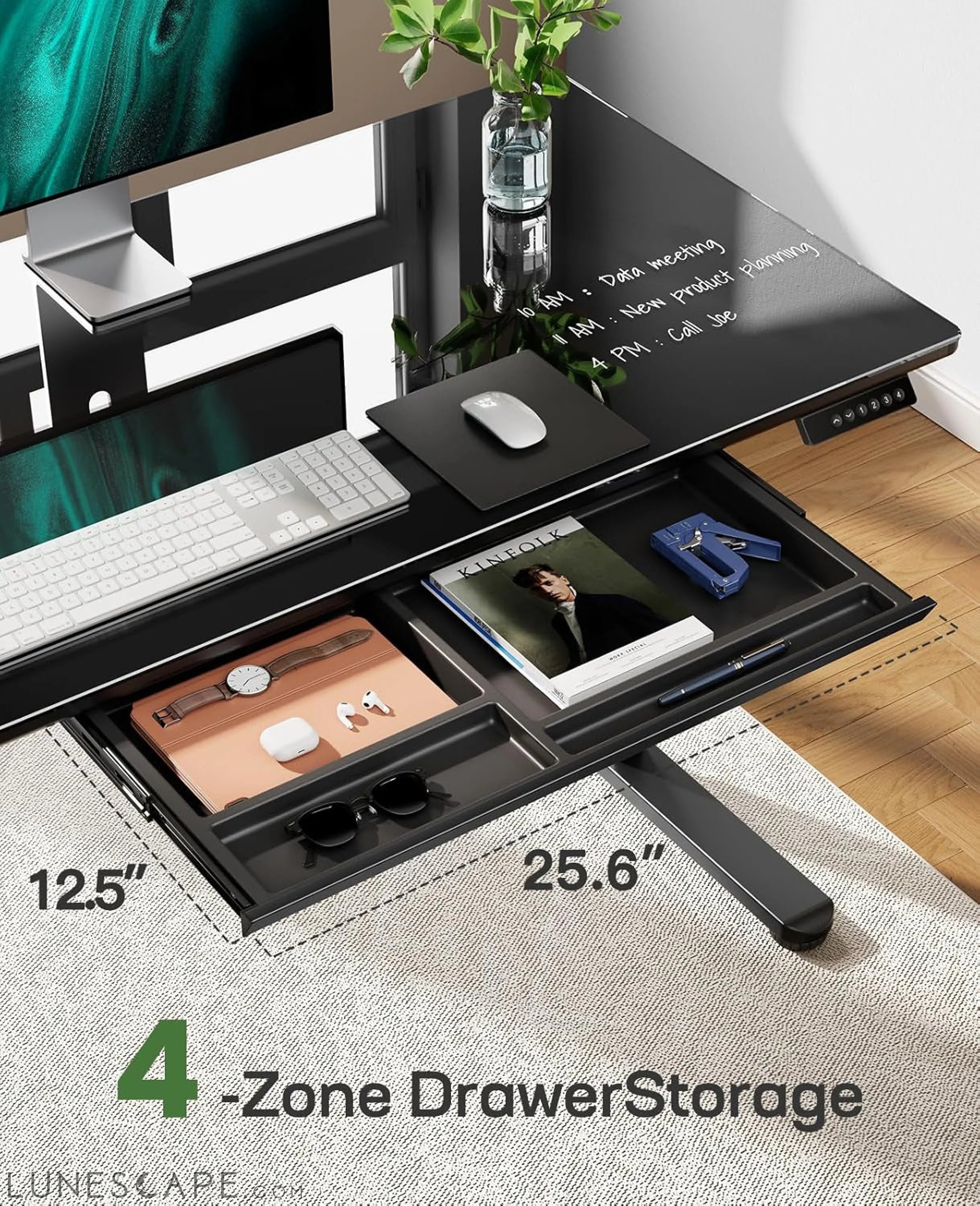 Glass Electric Standing Desk with Drawer, 48 X 24 Inches LUNESCAPE